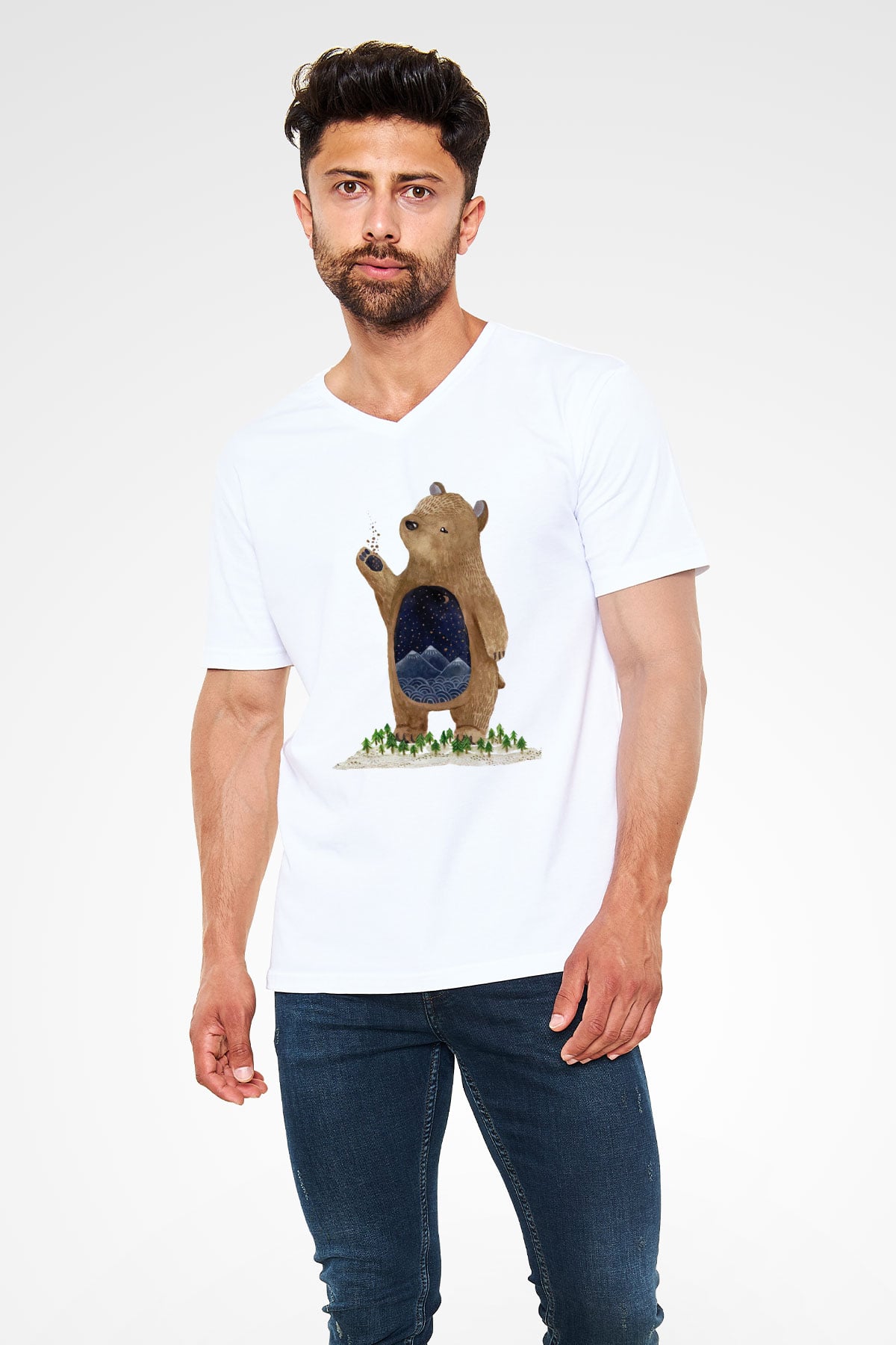 Ayı Beyaz Unisex V Yaka Tişört T-Shirt