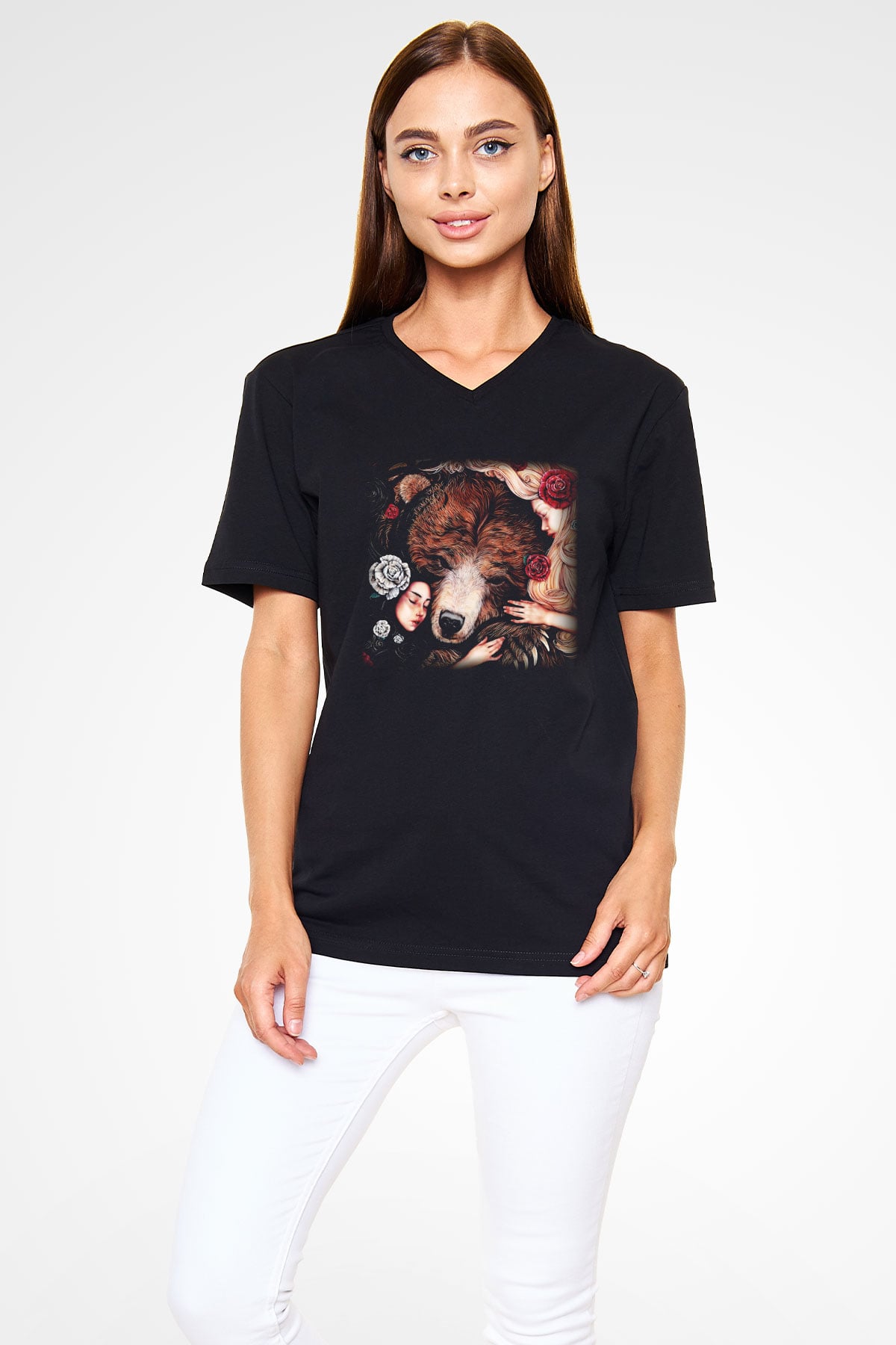 Ayı Siyah Unisex V Yaka Tişört T-Shirt