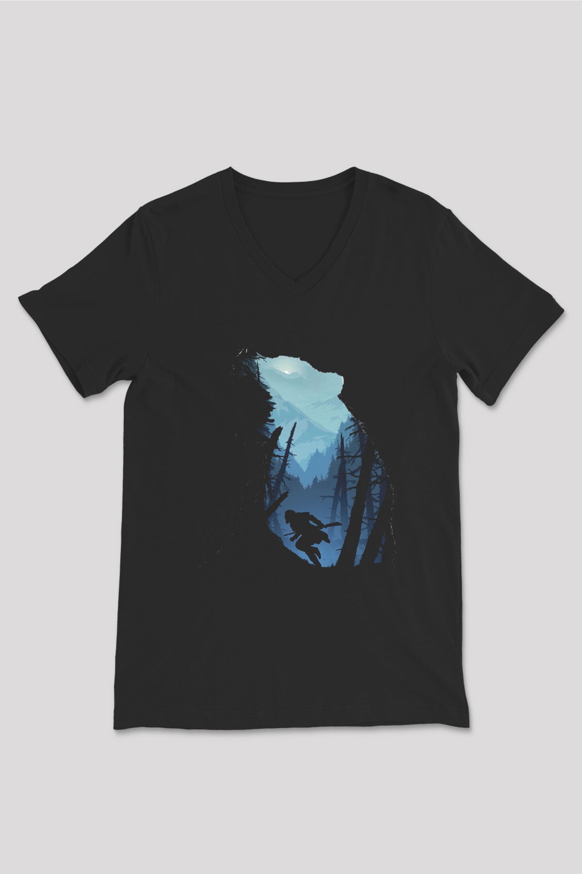 Ayı Siyah Unisex V Yaka Tişört T-Shirt
