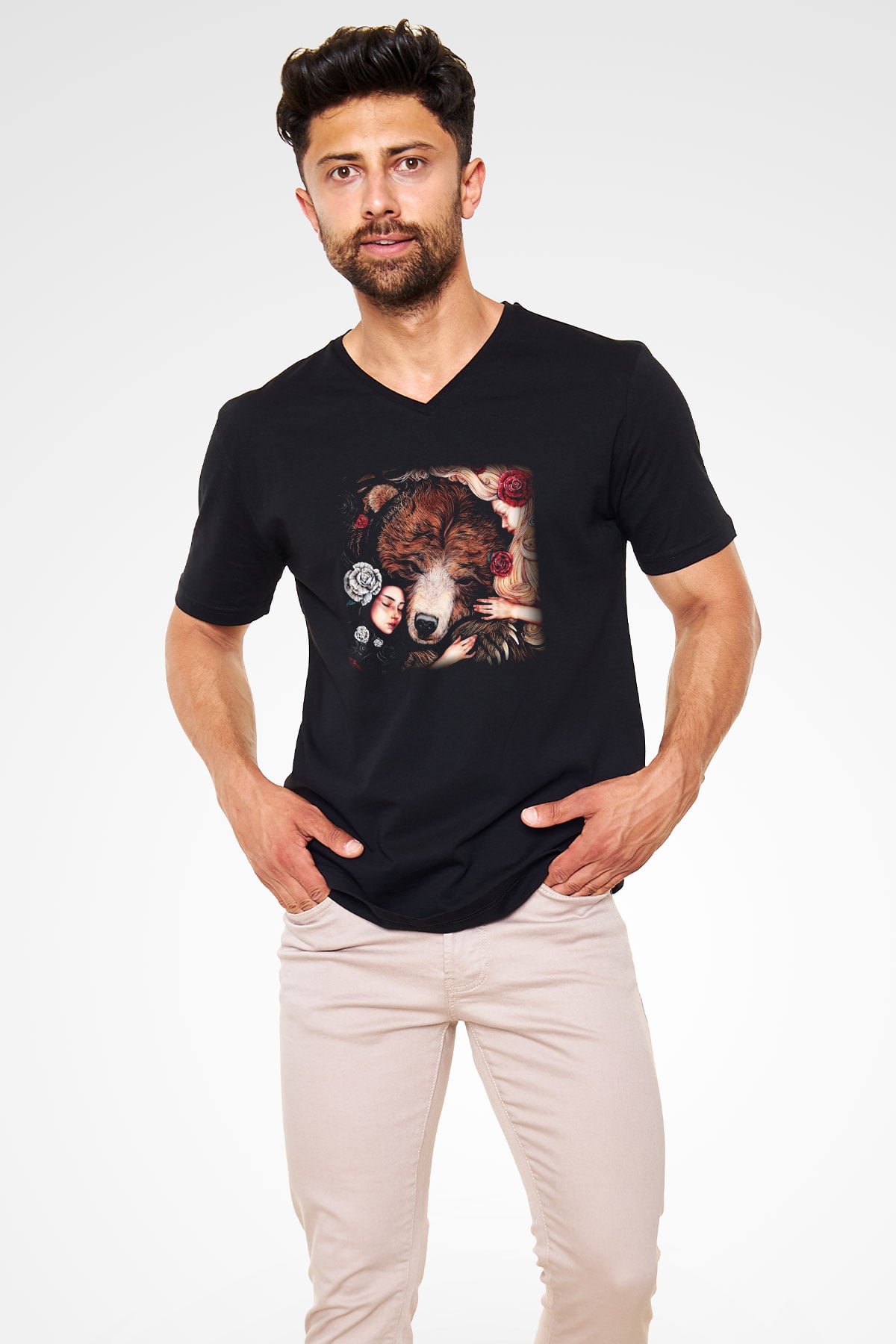 Ayı Siyah Unisex V Yaka Tişört T-Shirt