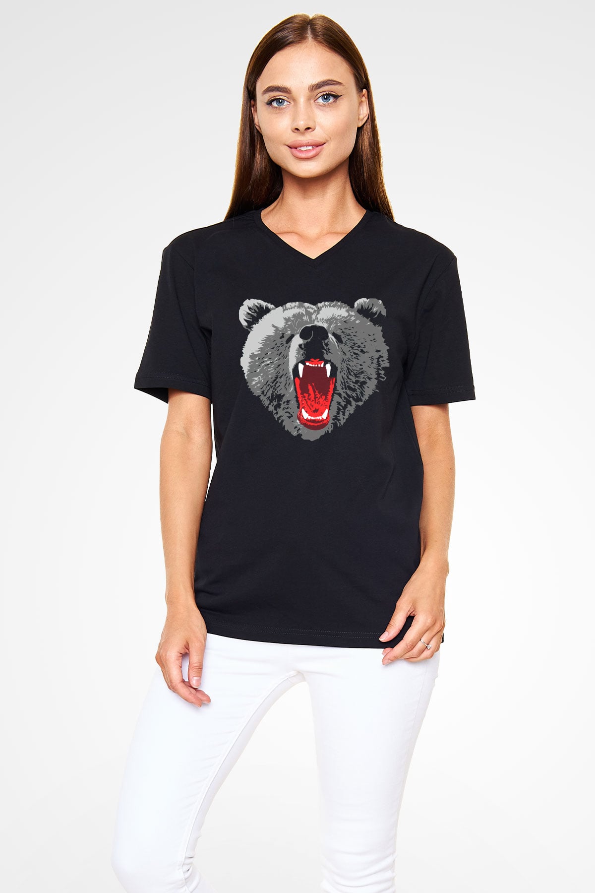 Ayı Siyah Unisex V Yaka Tişört T-Shirt