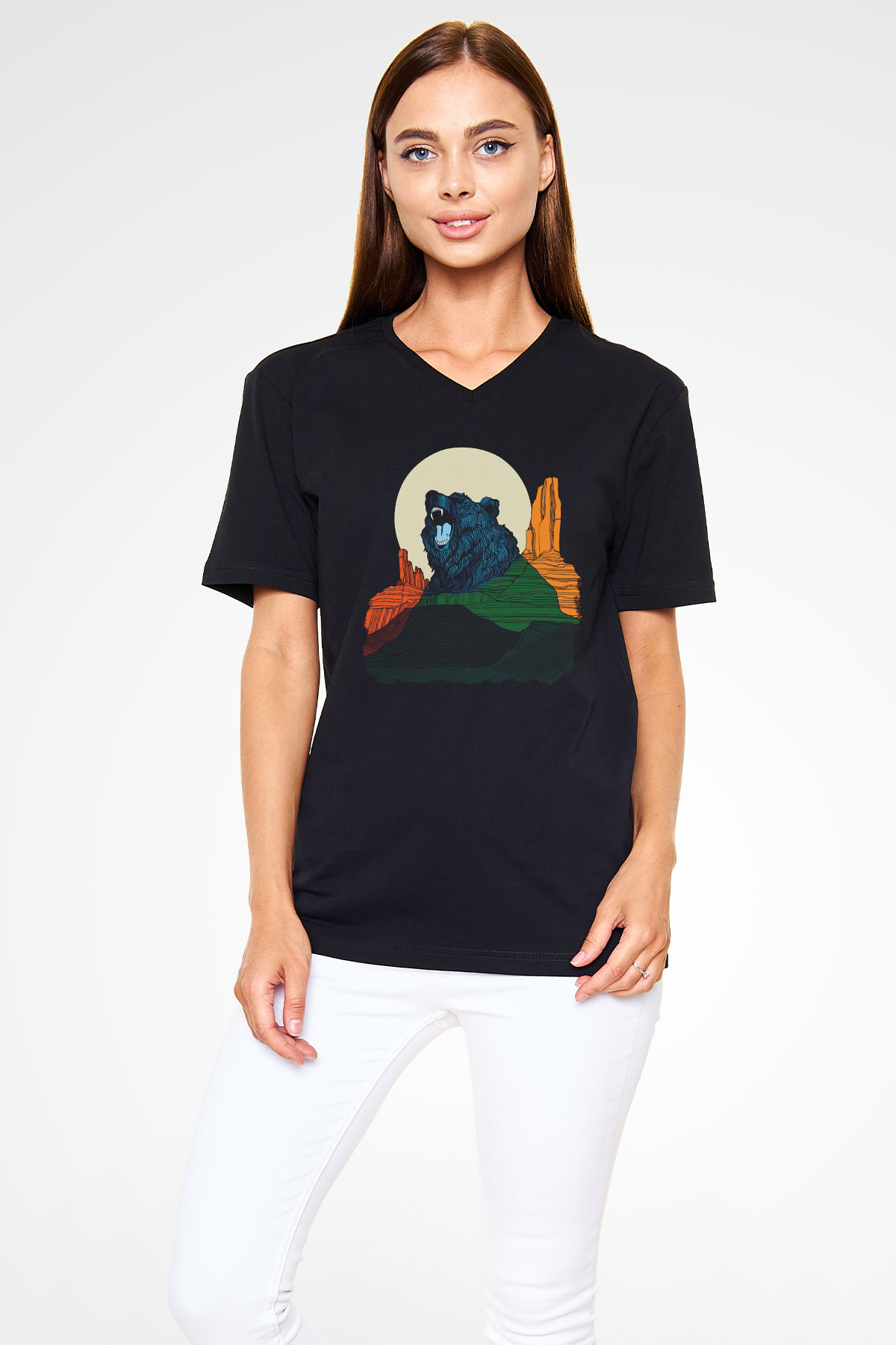 Ayı Siyah Unisex V Yaka Tişört T-Shirt