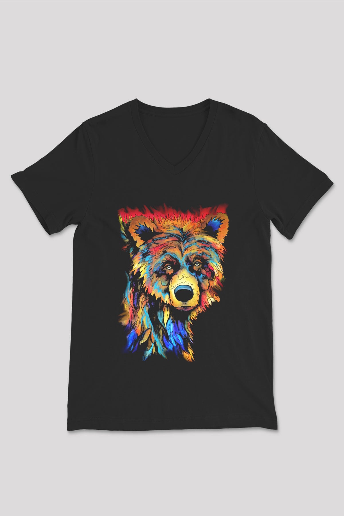 Ayı Siyah Unisex V Yaka Tişört T-Shirt