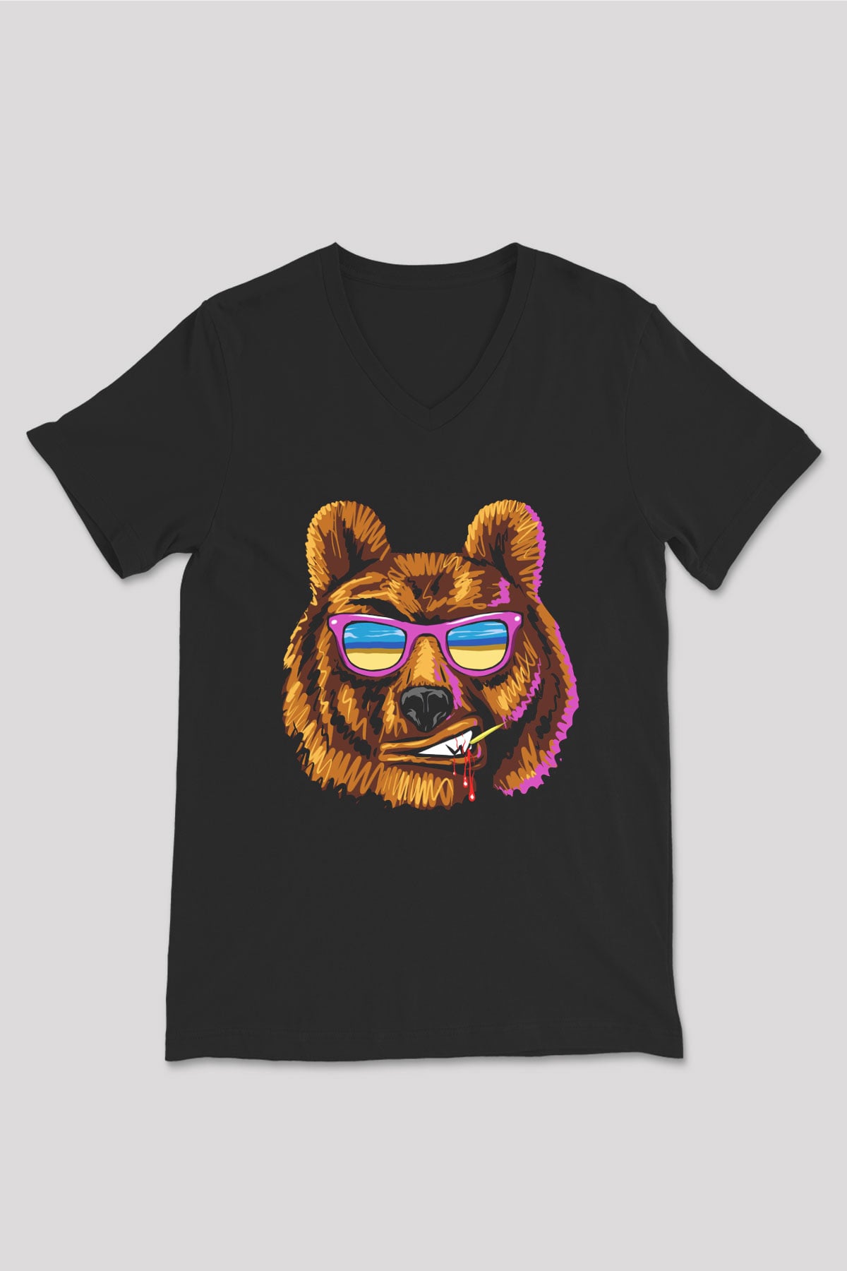 Ayı Siyah Unisex V Yaka Tişört T-Shirt