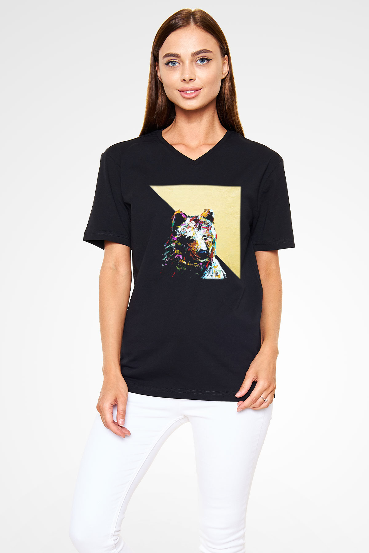 Ayı Siyah Unisex V Yaka Tişört T-Shirt