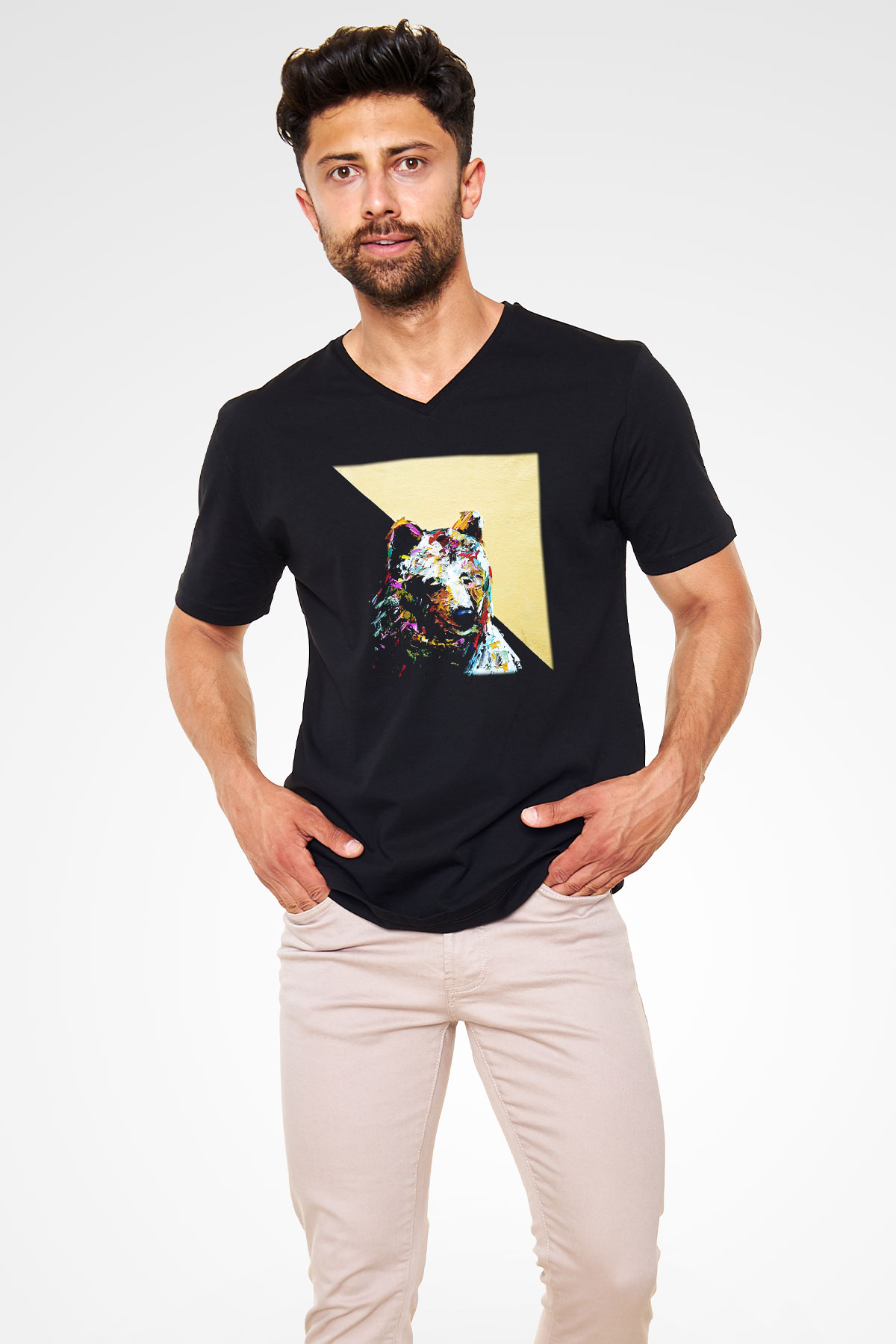 Ayı Siyah Unisex V Yaka Tişört T-Shirt