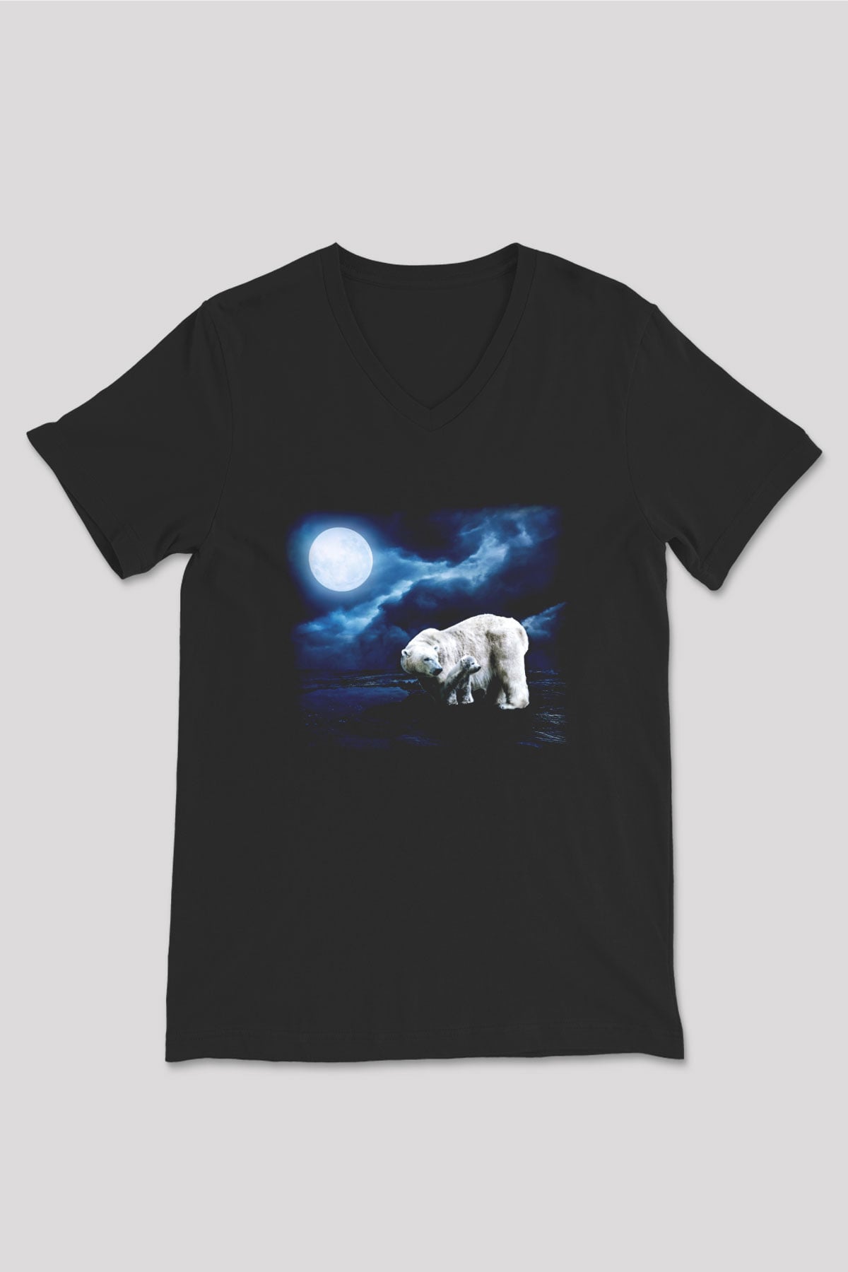 Ayı Siyah Unisex V Yaka Tişört T-Shirt