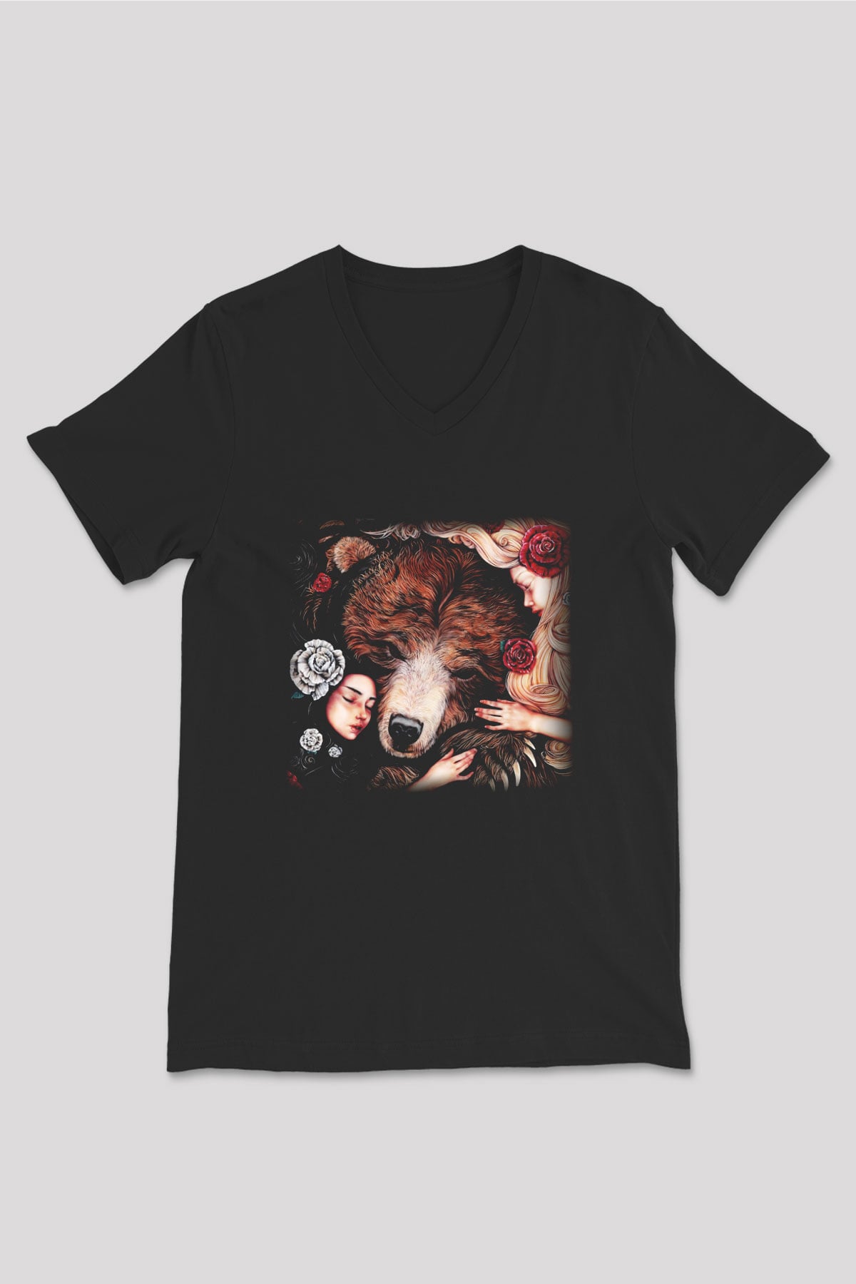 Ayı Siyah Unisex V Yaka Tişört T-Shirt