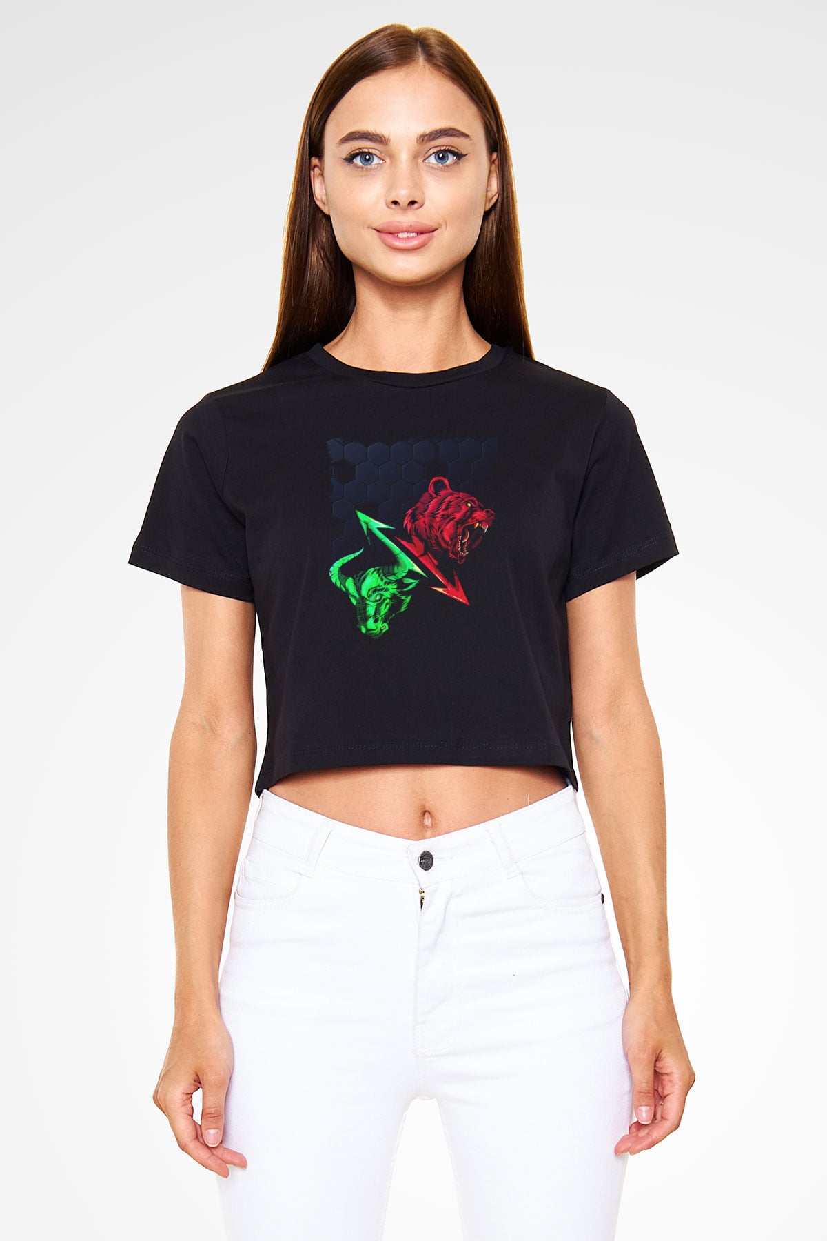 Ayı ve Boğa Baskılı  Siyah  Crop Top Tişört