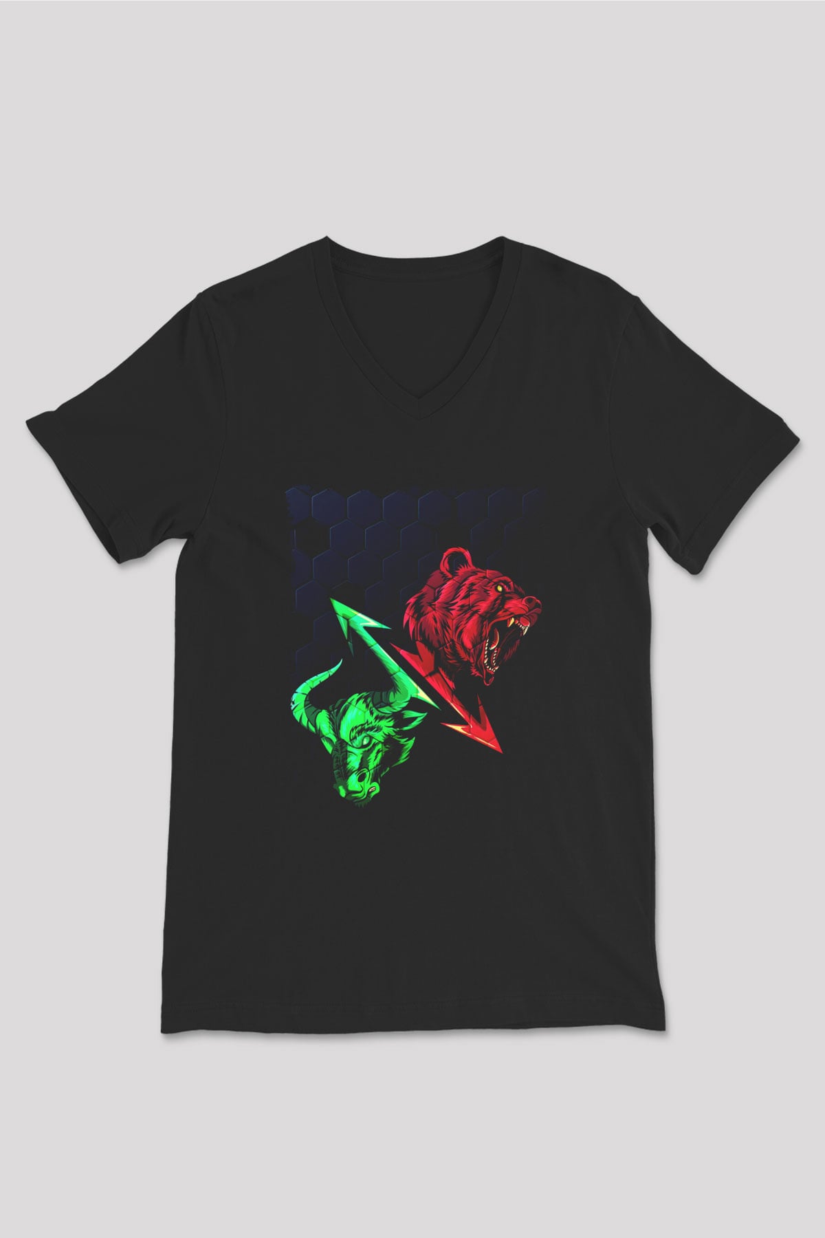 Ayı ve Boğa Baskılı Unisex Siyah  V Yaka Tişört