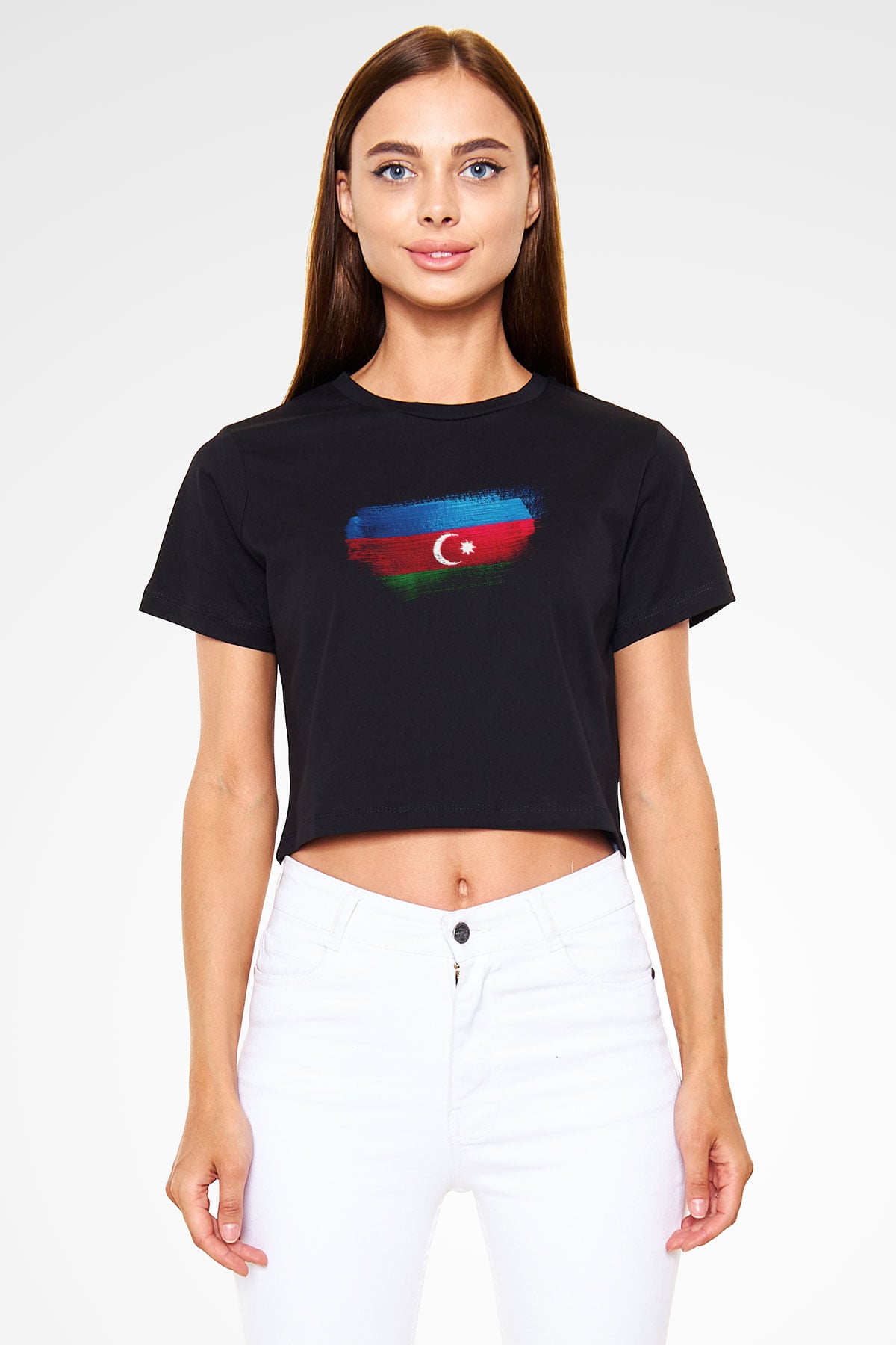 Azerbaycan - Azerbaijan Bayrağı Baskılı Kadın Crop Top Siyah Tişört