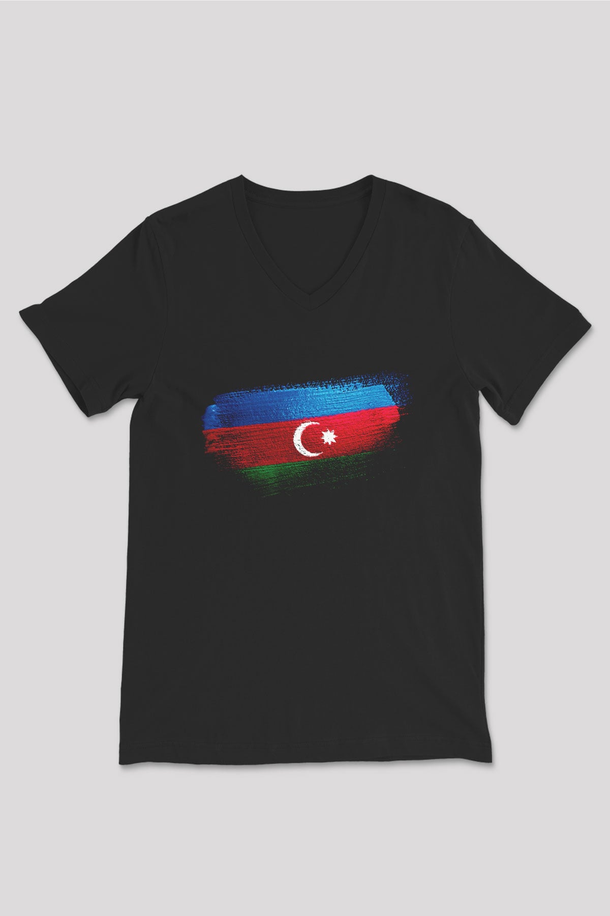 Azerbaycan - Azerbaijan Bayrağı Baskılı Unisex Siyah V Yaka Tişört