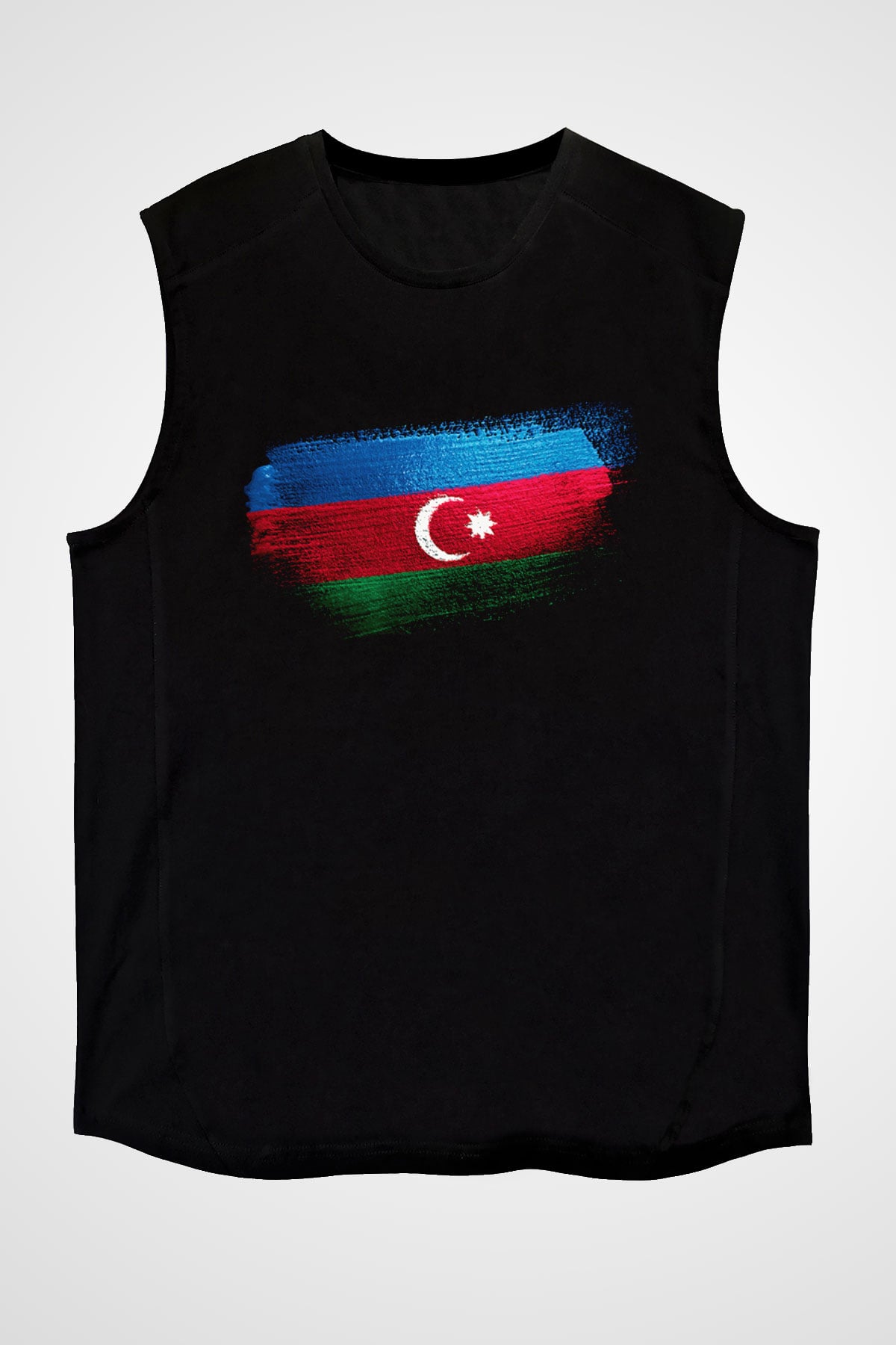 Azerbaycan - Azerbaijan Bayrağı Baskılı Unisex Siyah Kolsuz Tişört