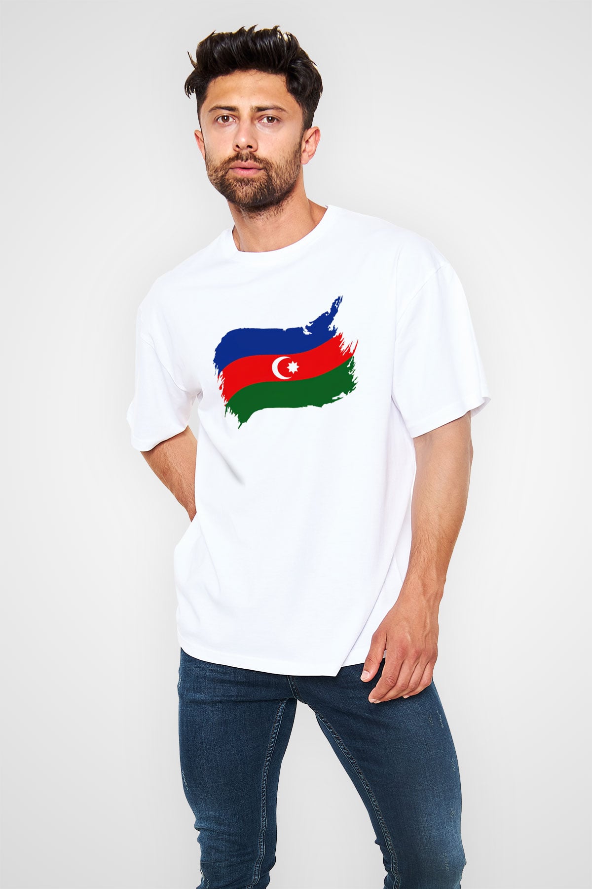Azerbaycan Beyaz Unisex Oversize Tişört T-Shirt