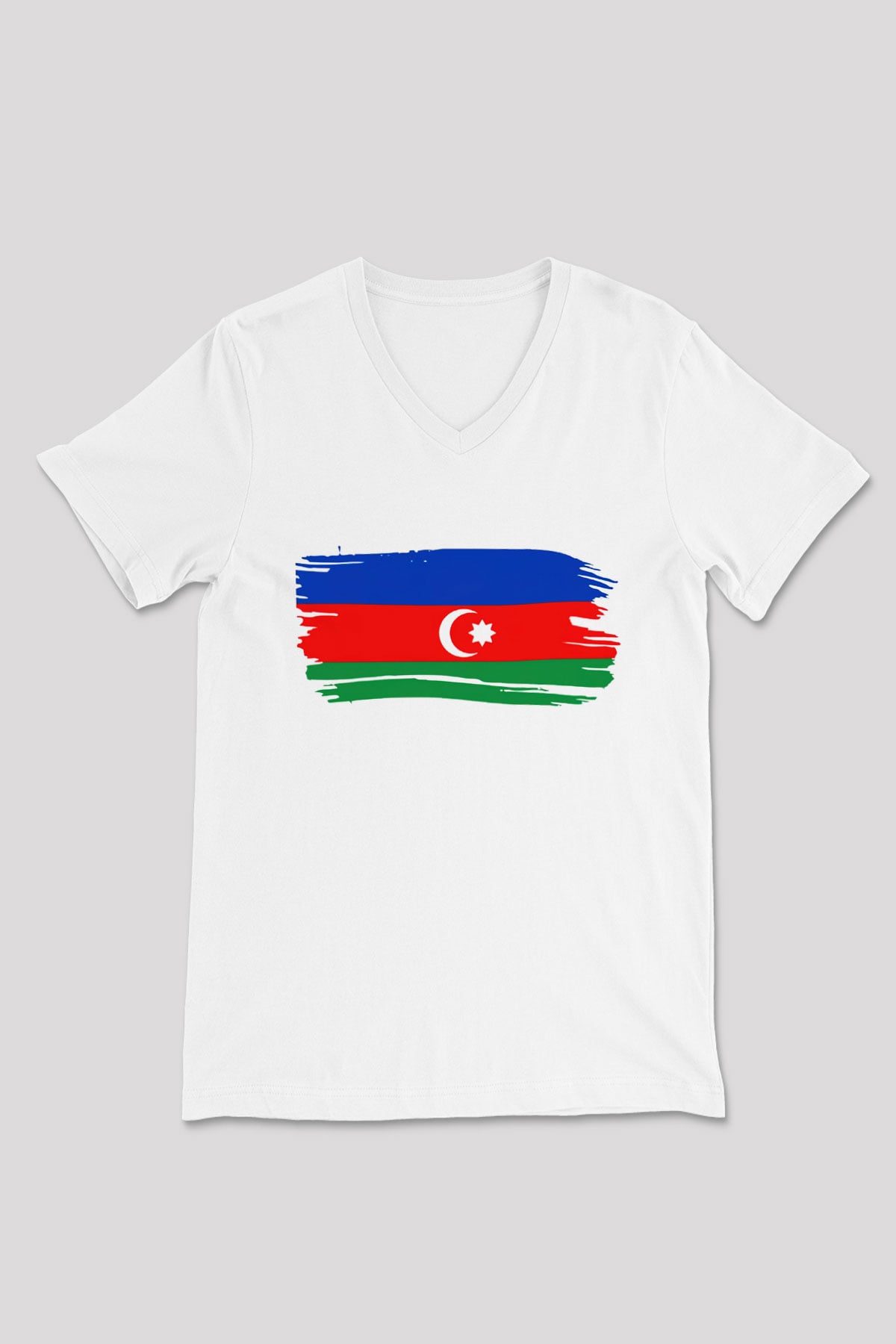 Azerbaycan Beyaz Unisex V Yaka Tişört T-Shirt