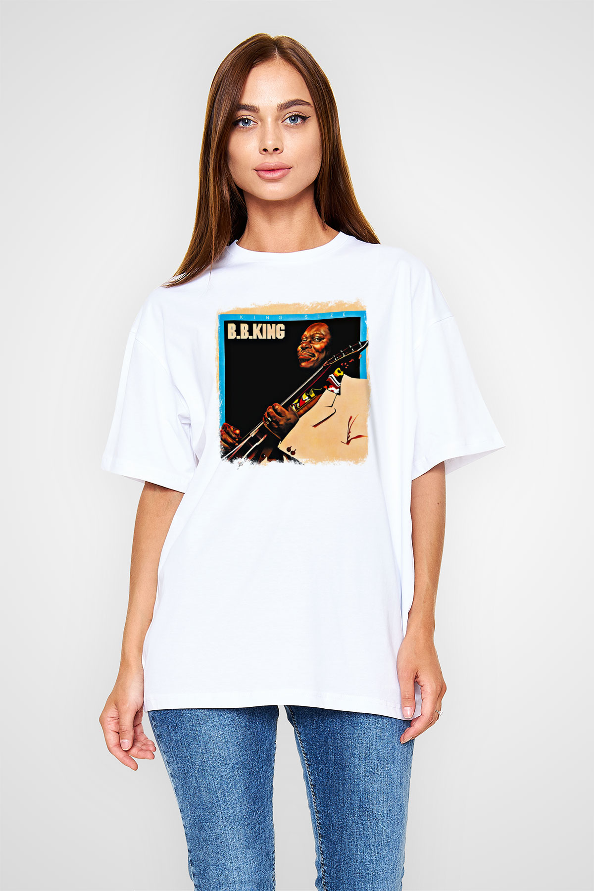 B.B. King Baskılı Unisex Beyaz Oversize Tişört