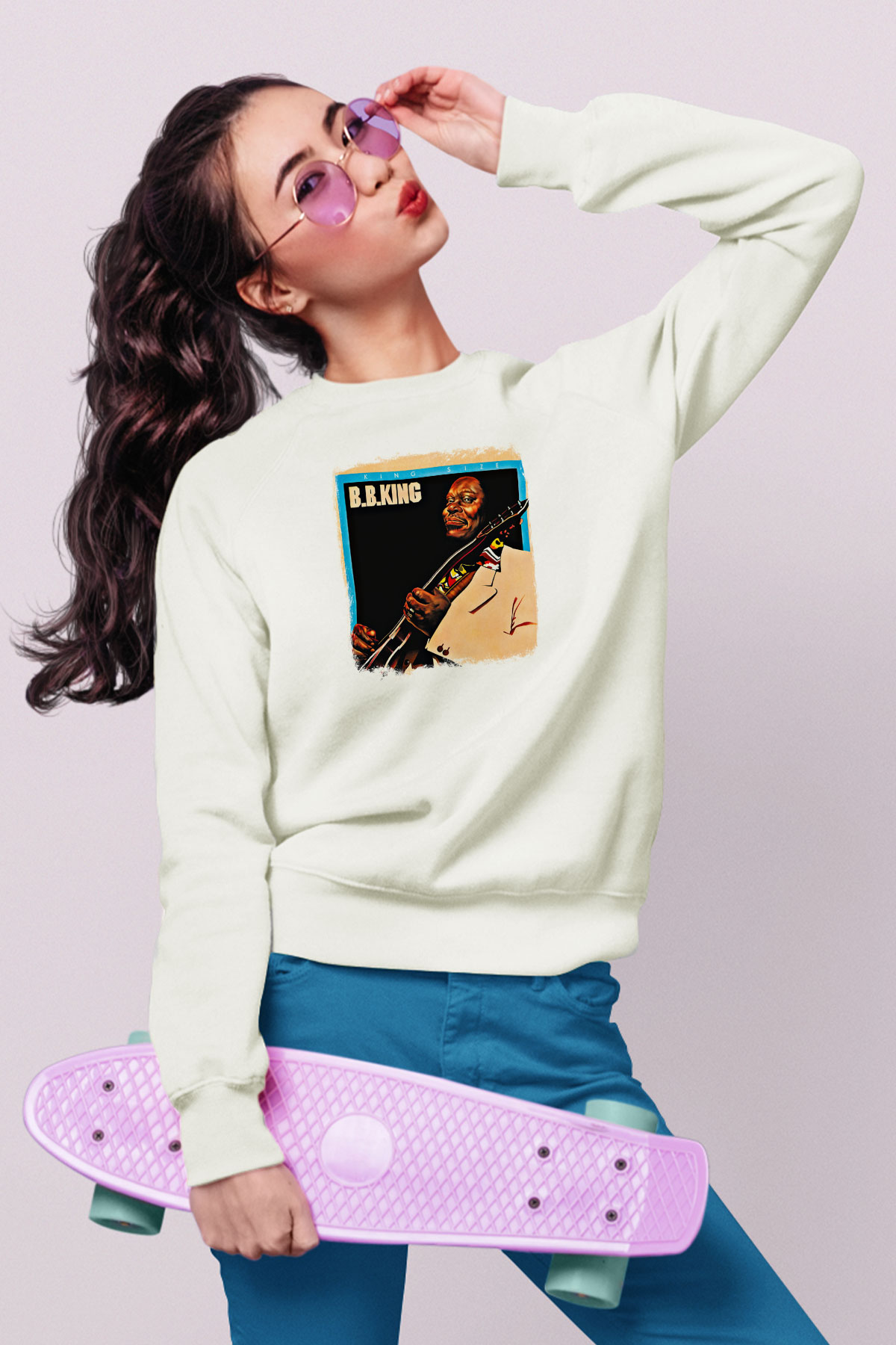B.B. King Baskılı Unisex Beyaz Sweatshirt