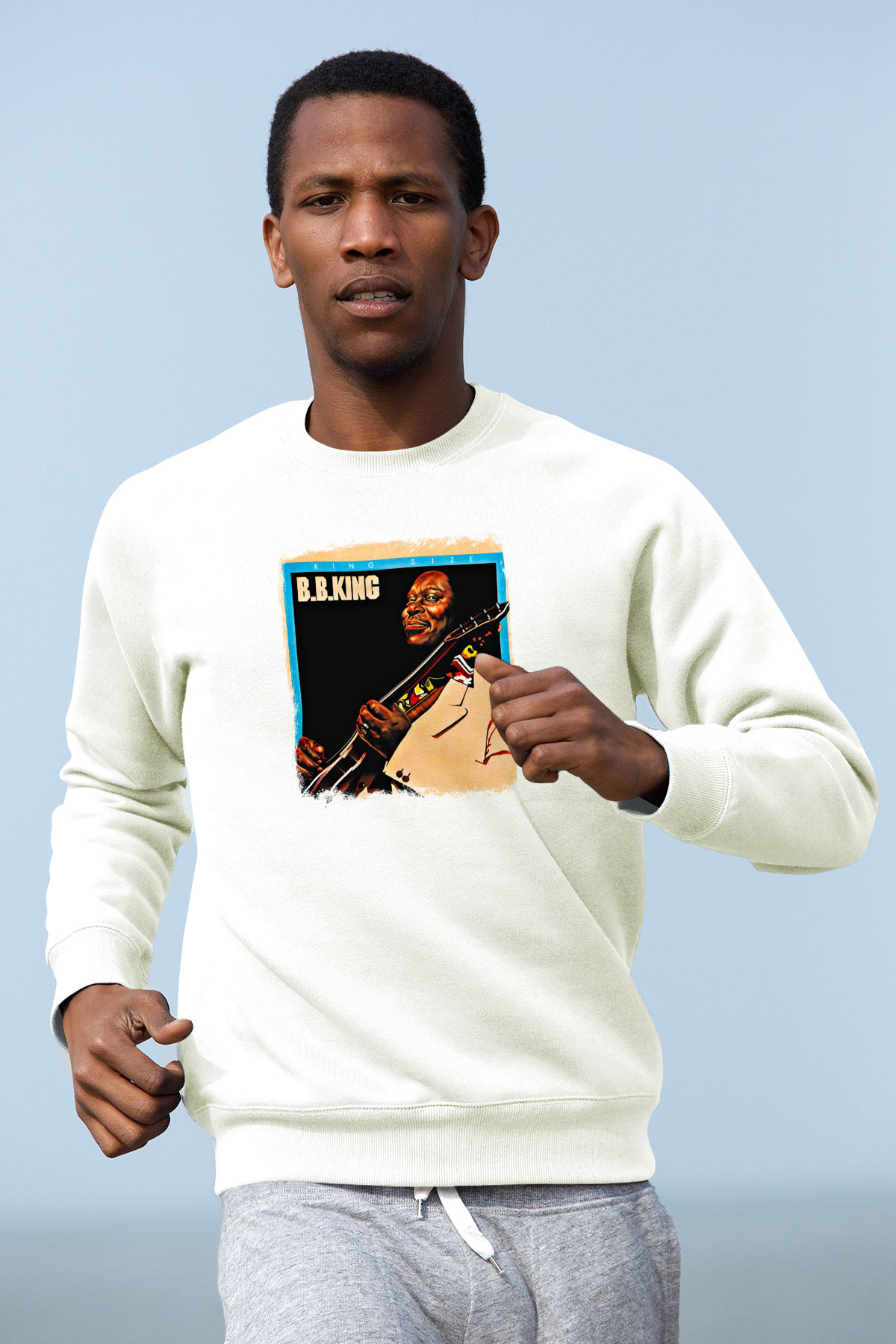 B.B. King Baskılı Unisex Beyaz Sweatshirt