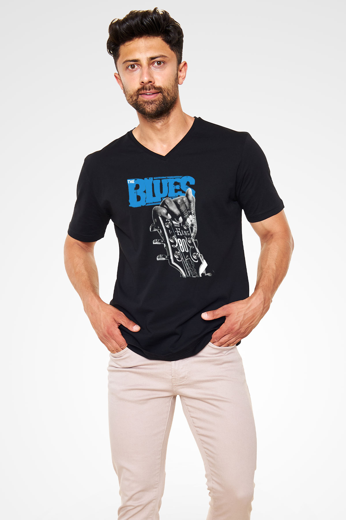 B.B. King Siyah Unisex V Yaka Tişört