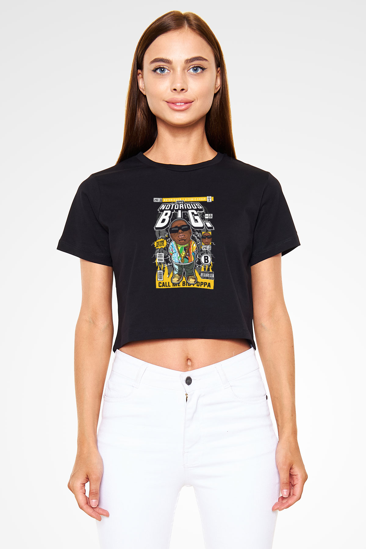 B.I.G Baskılı Siyah Kadın Crop Top Tişört