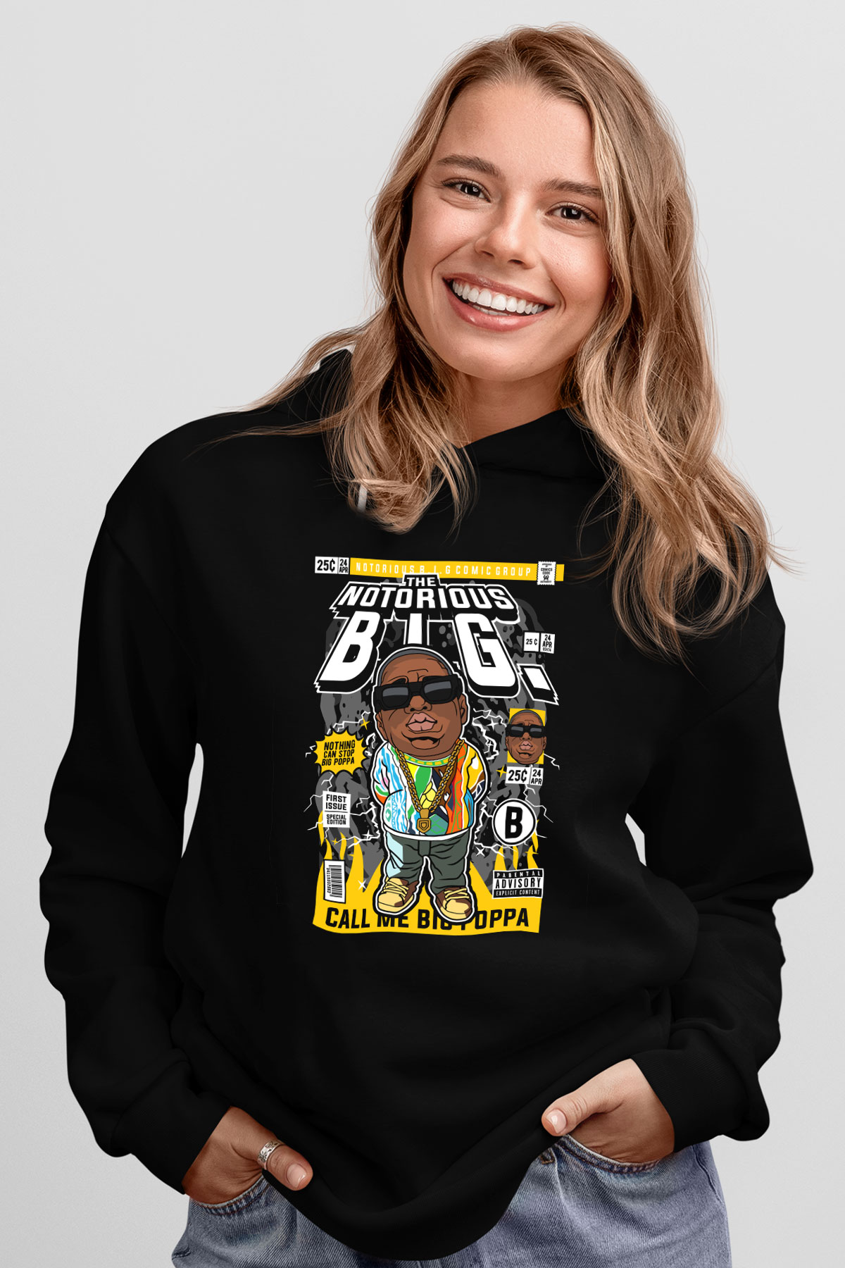 B.I.G Baskılı Unisex Siyah Hoodie