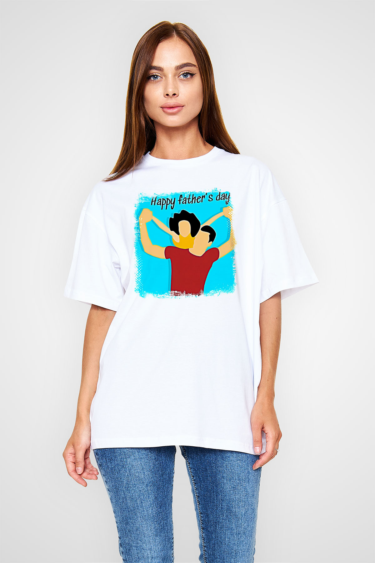 Babalar Günü Baskılı Beyaz Unisex Oversize Tişört - Tshirt
