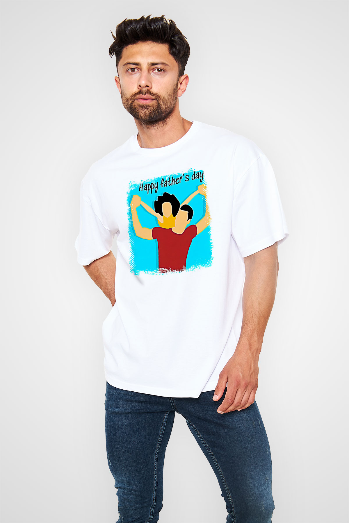 Babalar Günü Baskılı Beyaz Unisex Oversize Tişört - Tshirt