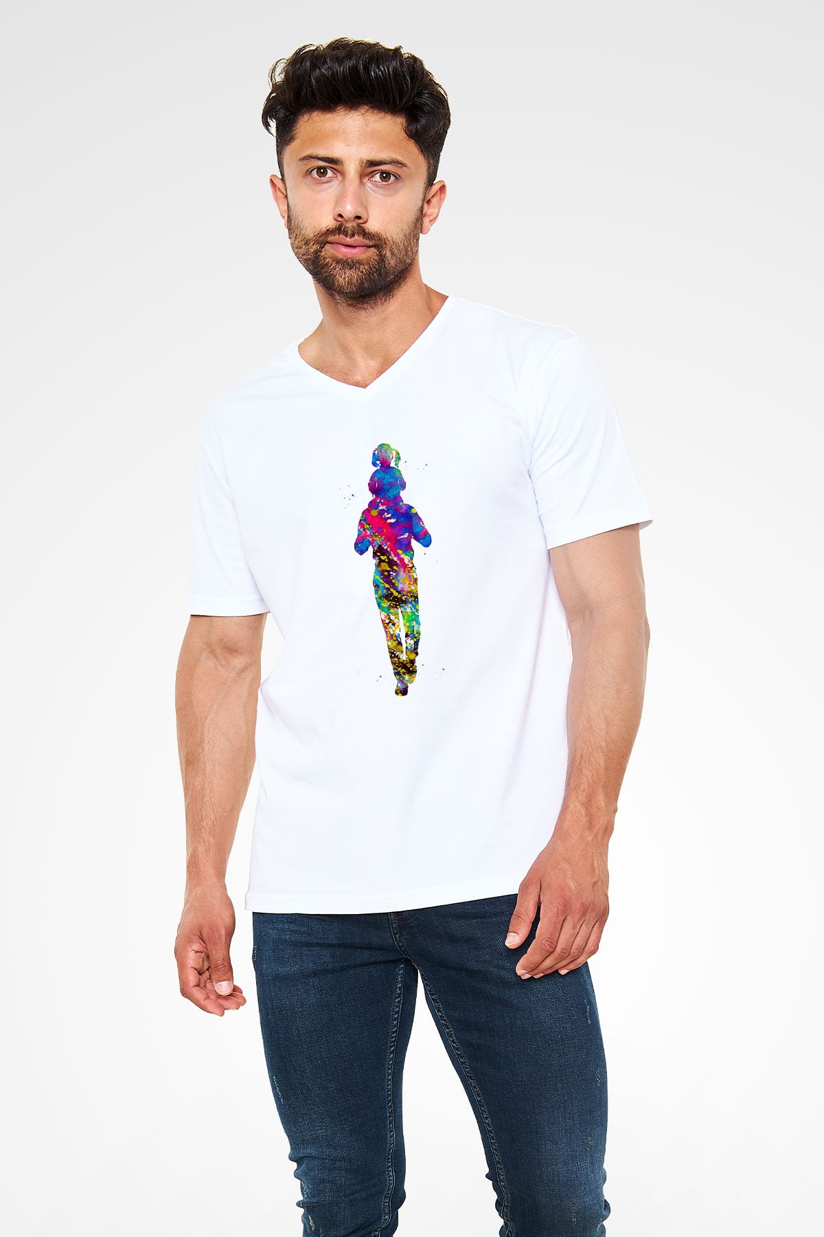 Babalar Günü Baskılı Beyaz Unisex V Yaka Tişört - Tshirt