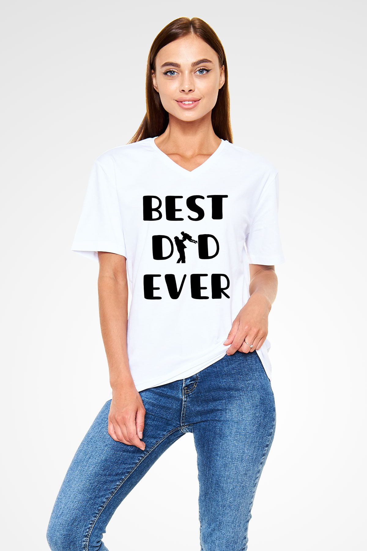 Babalar Günü Baskılı Beyaz Unisex V Yaka Tişört - Tshirt