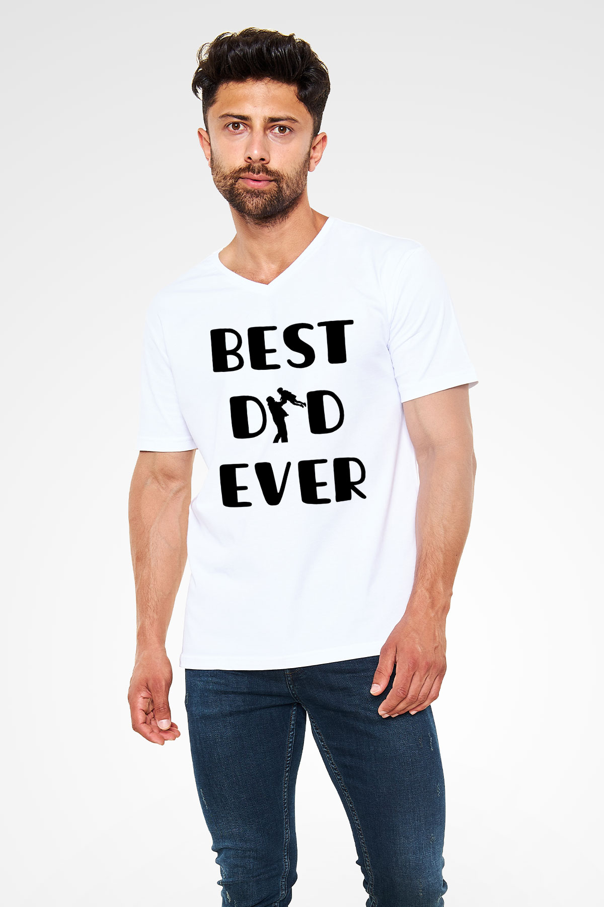 Babalar Günü Baskılı Beyaz Unisex V Yaka Tişört - Tshirt