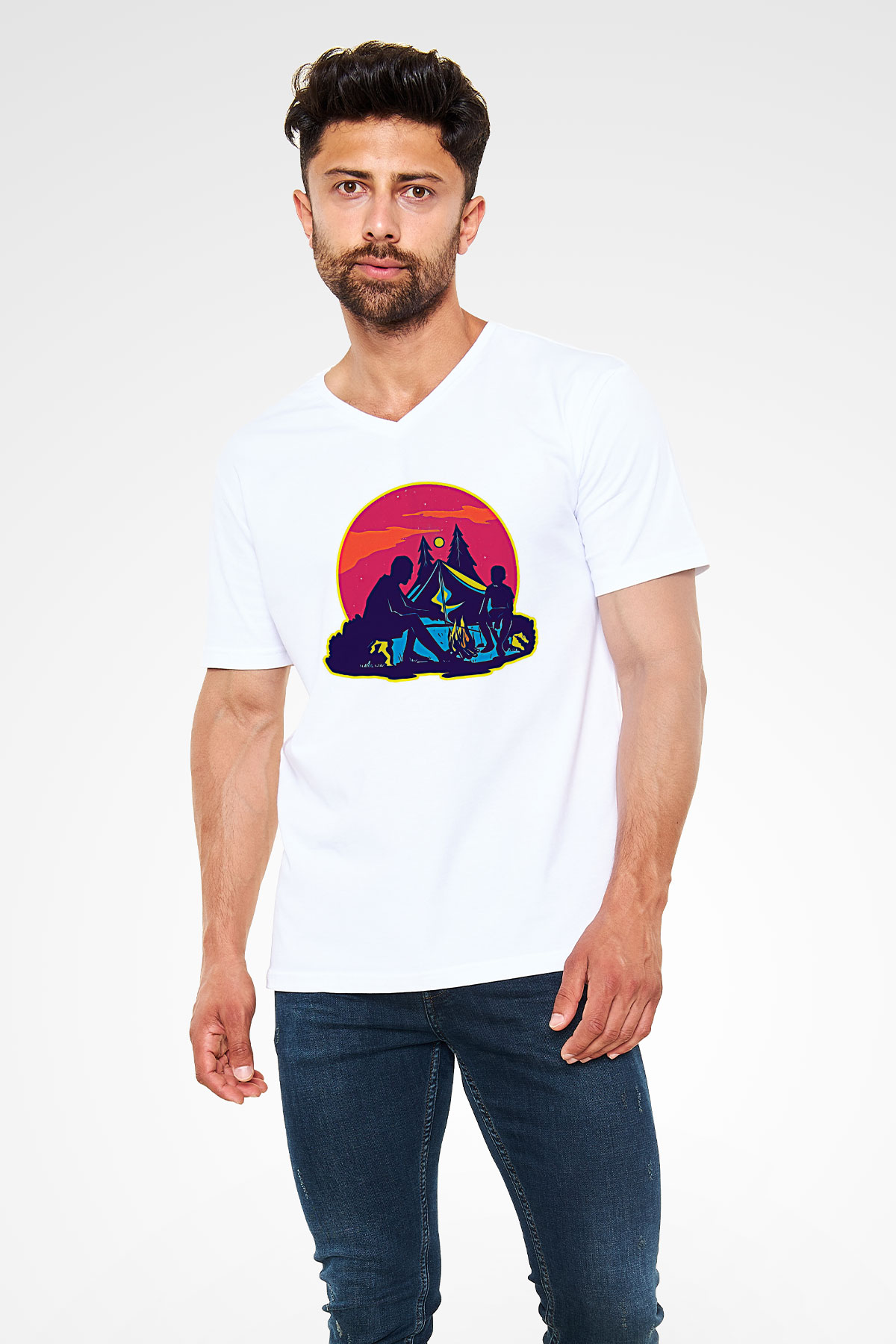 Babalar Günü Baskılı Beyaz Unisex V Yaka Tişört - Tshirt