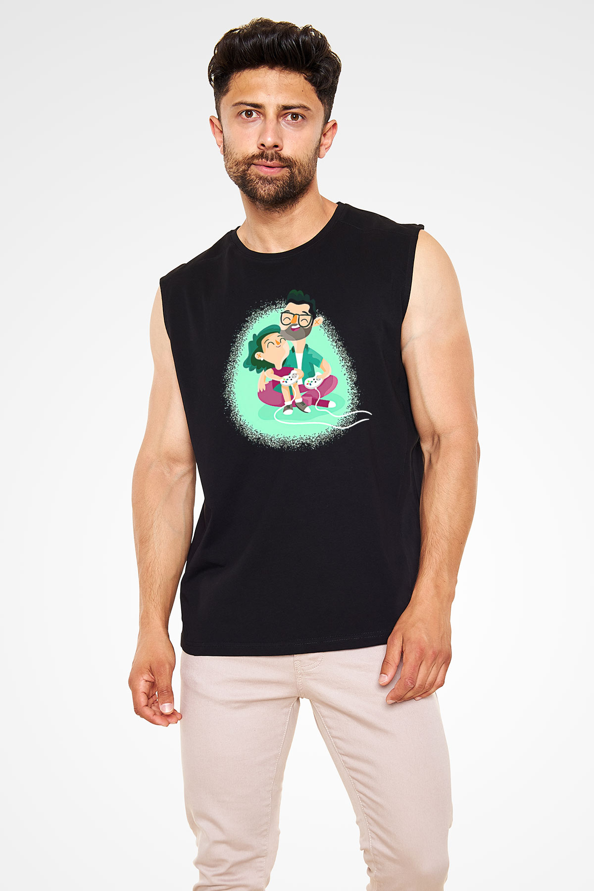 Babalar Günü Baskılı Unisex Siyah Kolsuz Tişört - Tshirt