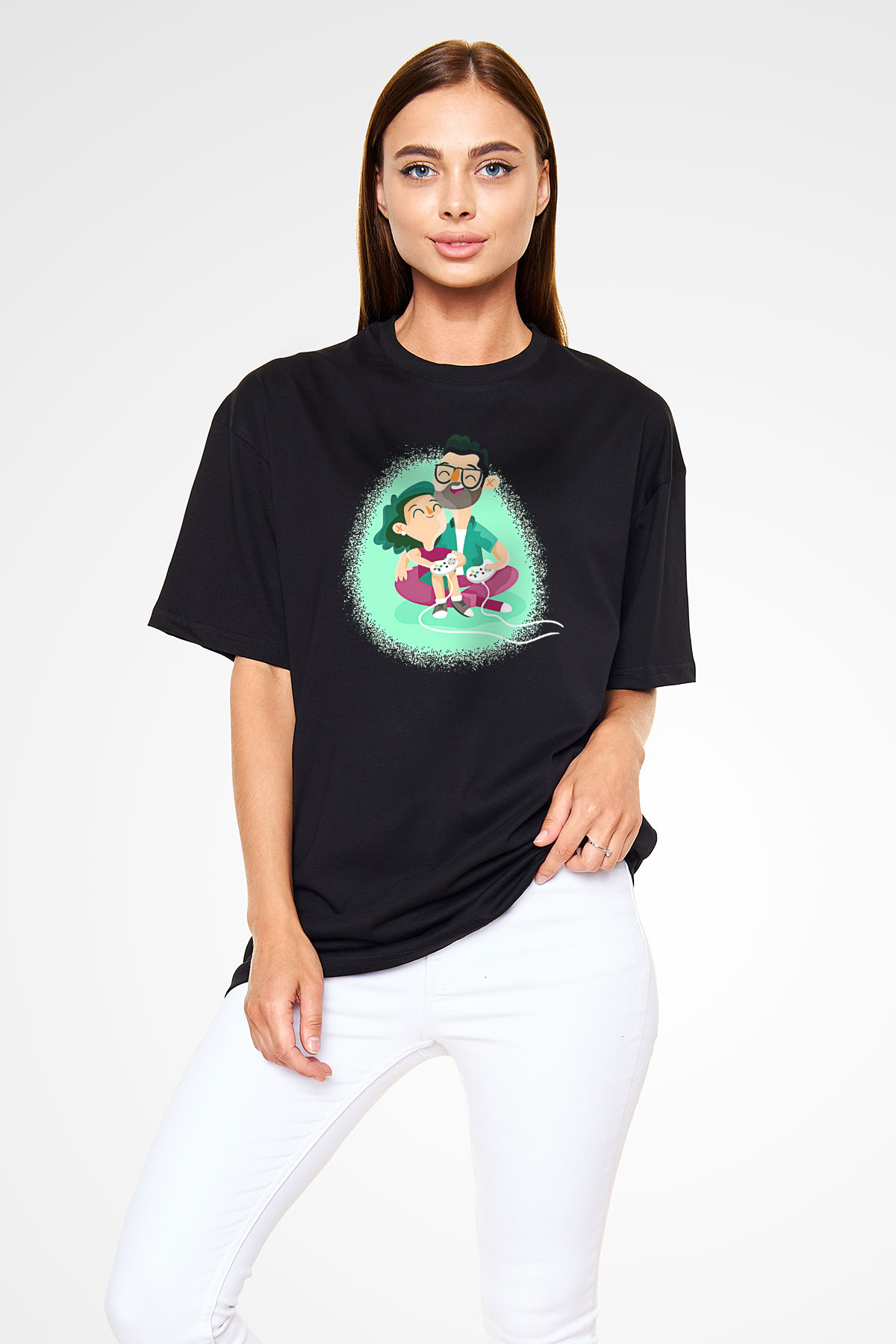 Babalar Günü Baskılı Unisex Siyah Oversize Tişört - Tshirt