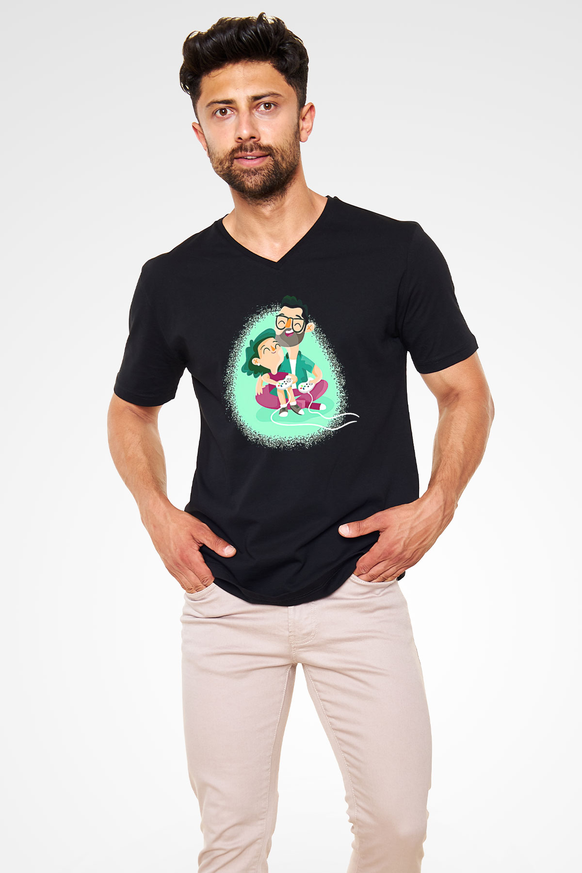 Babalar Günü Baskılı Unisex Siyah V Yaka Tişört - Tshirt