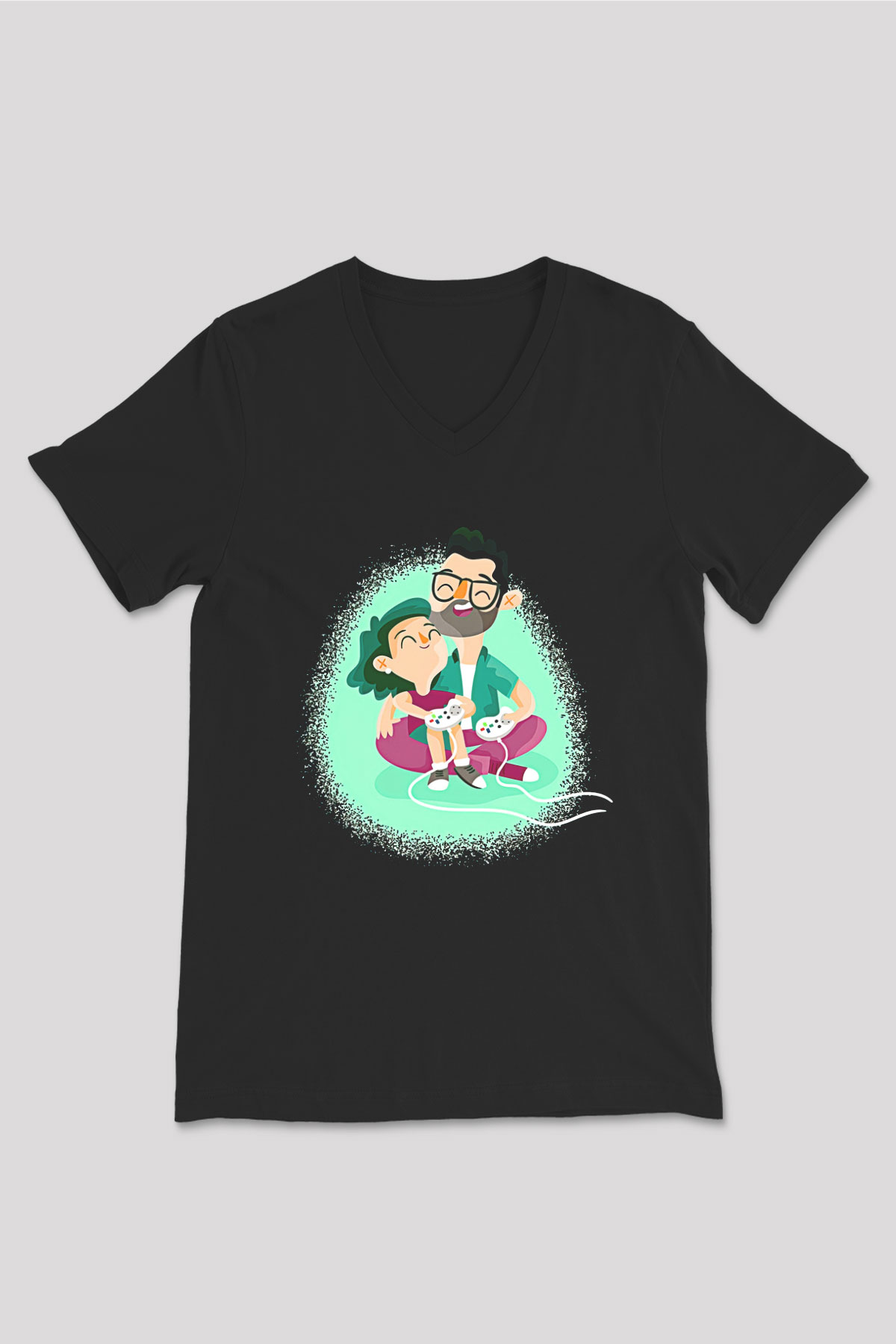 Babalar Günü Baskılı Unisex Siyah V Yaka Tişört - Tshirt