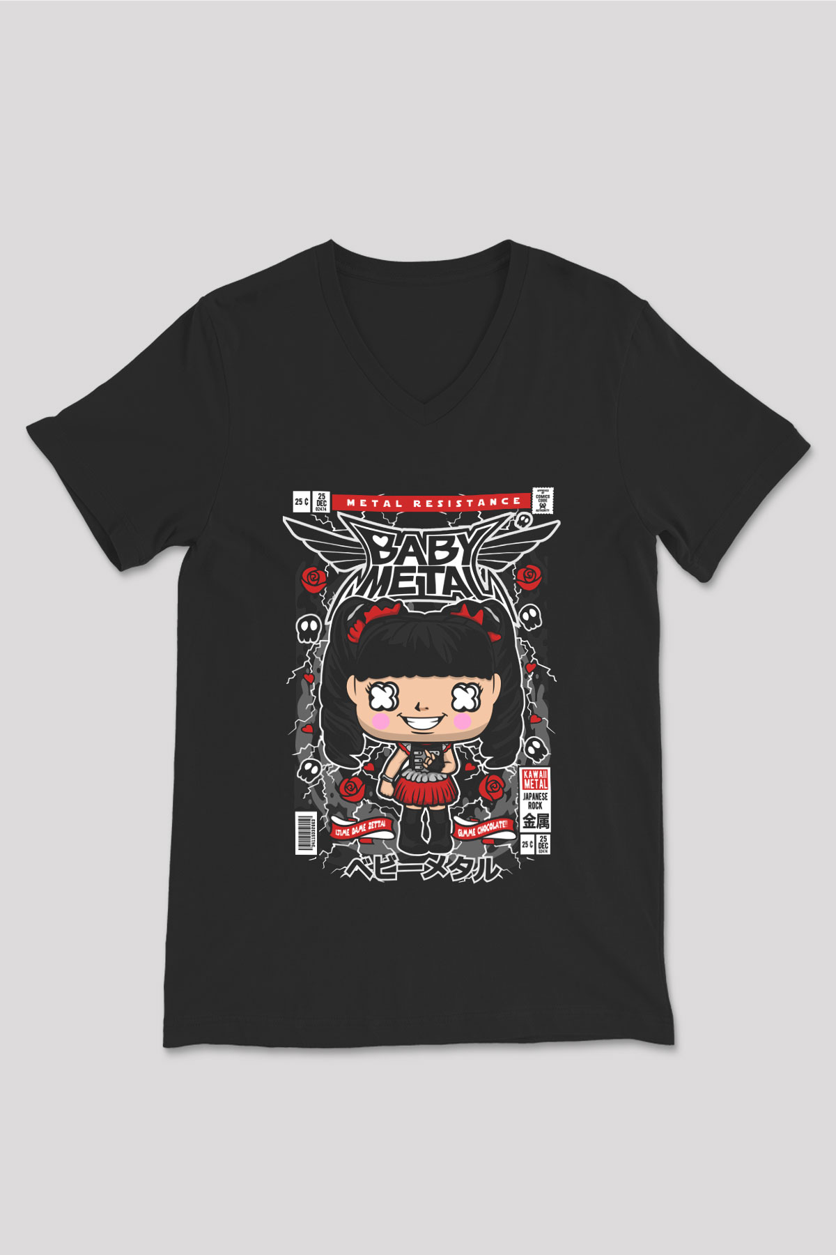 Baby Metal Baskılı Unisex Siyah V Yaka Tişört