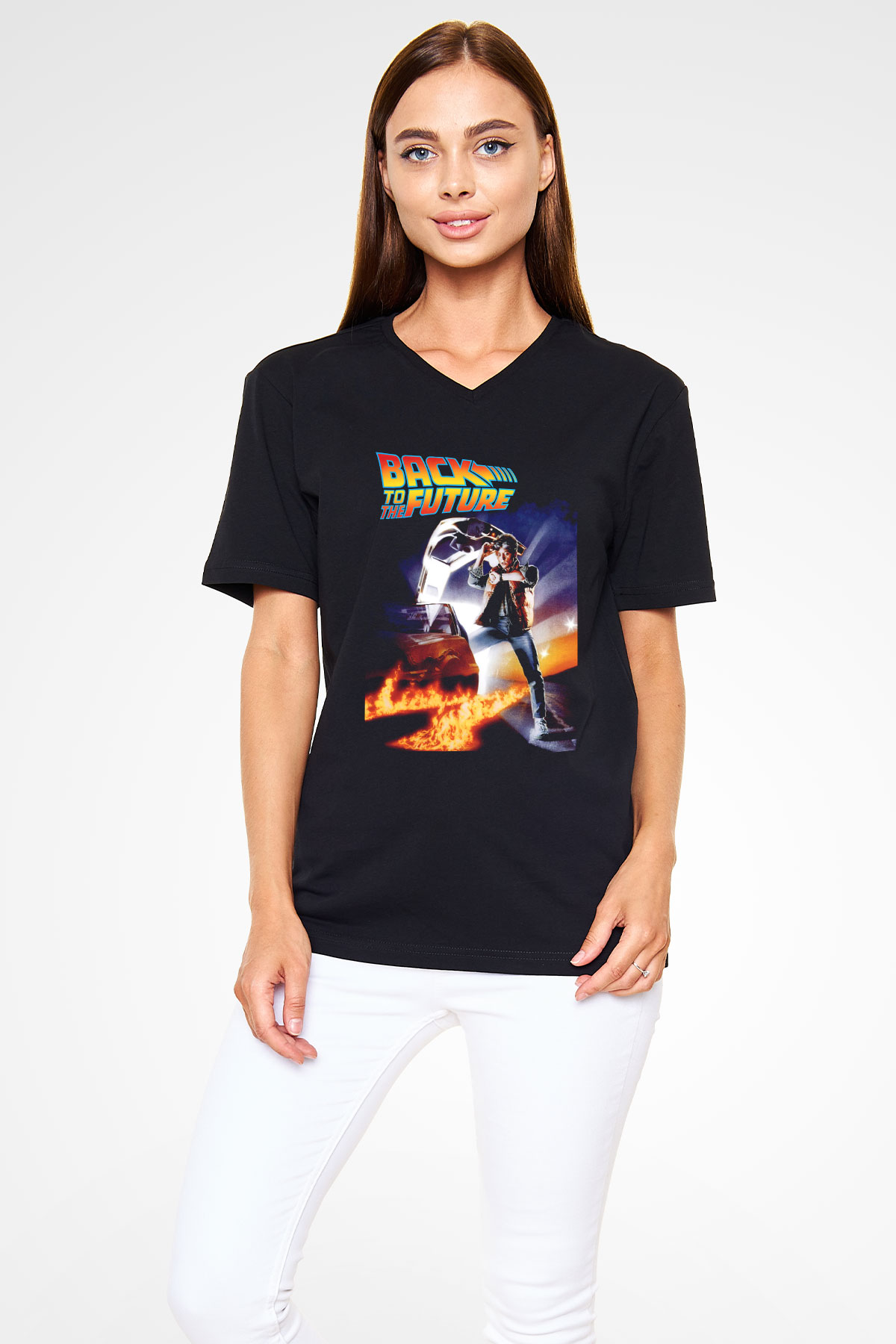 Back to the Future Geleceğe Dönüş Siyah Unisex V Yaka Tişört T-Shirt