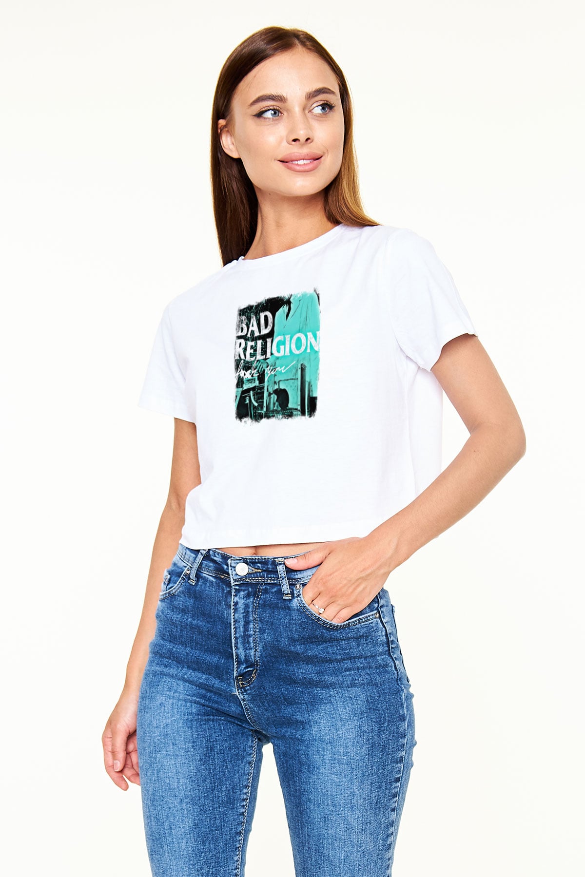 Bad Religion Baskılı Unisex Beyaz Crop Top Tişört