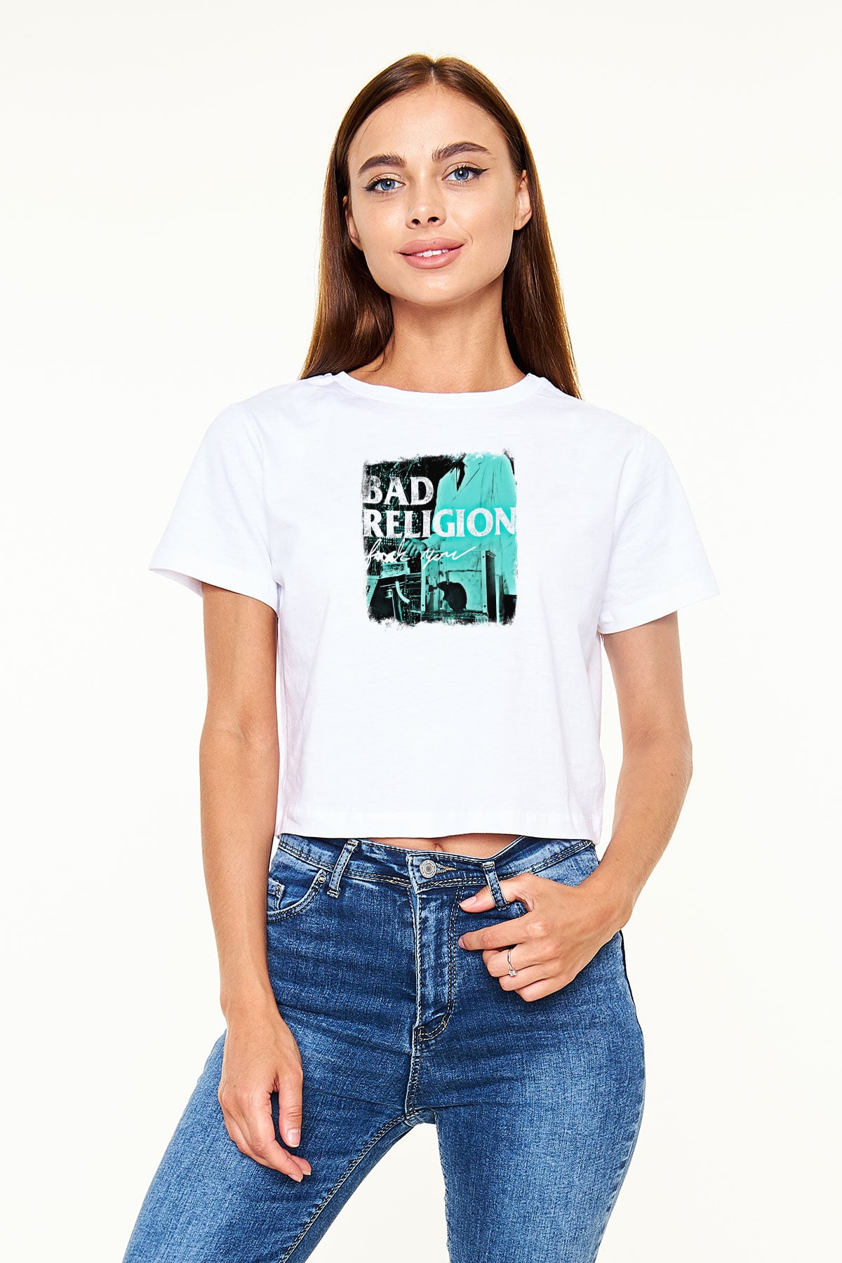 Bad Religion Baskılı Unisex Beyaz Crop Top Tişört
