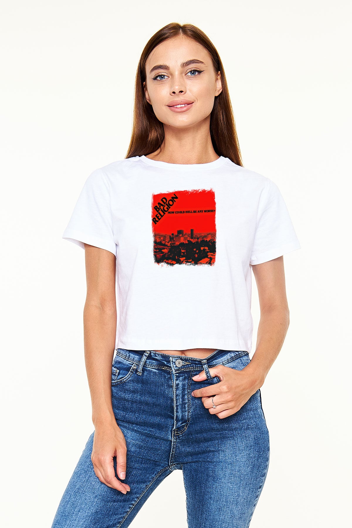 Bad Religion Baskılı Unisex Beyaz Crop Top Tişört