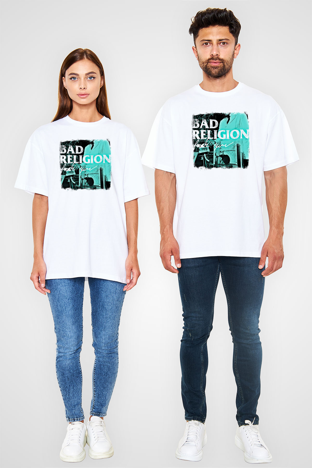Bad Religion Baskılı Unisex Beyaz Oversize Tişört
