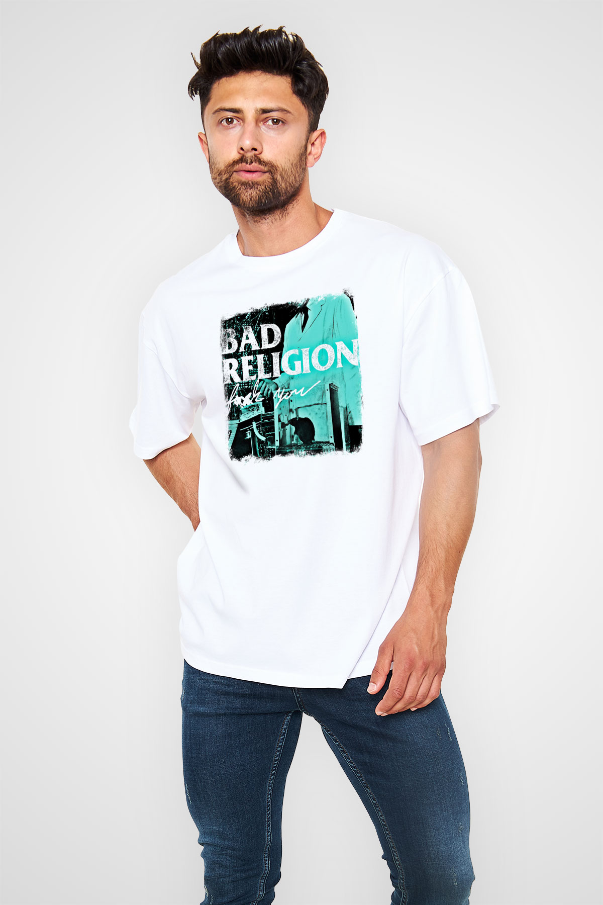 Bad Religion Baskılı Unisex Beyaz Oversize Tişört