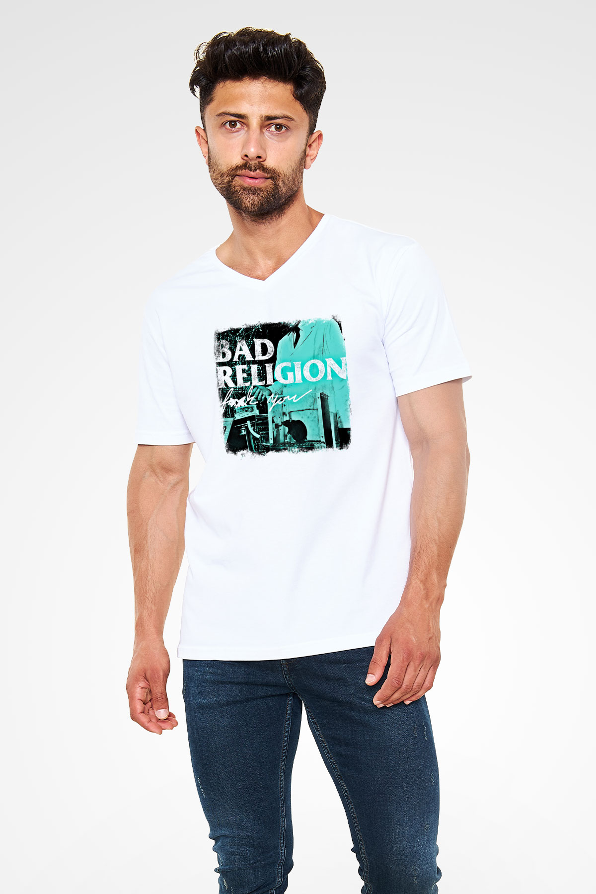 Bad Religion Baskılı Unisex Beyaz V Yaka Tişört