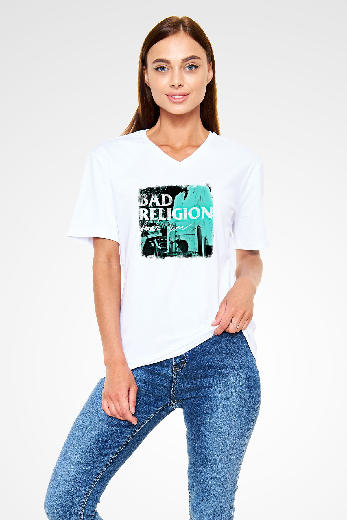 Bad Religion Baskılı Unisex Beyaz V Yaka Tişört