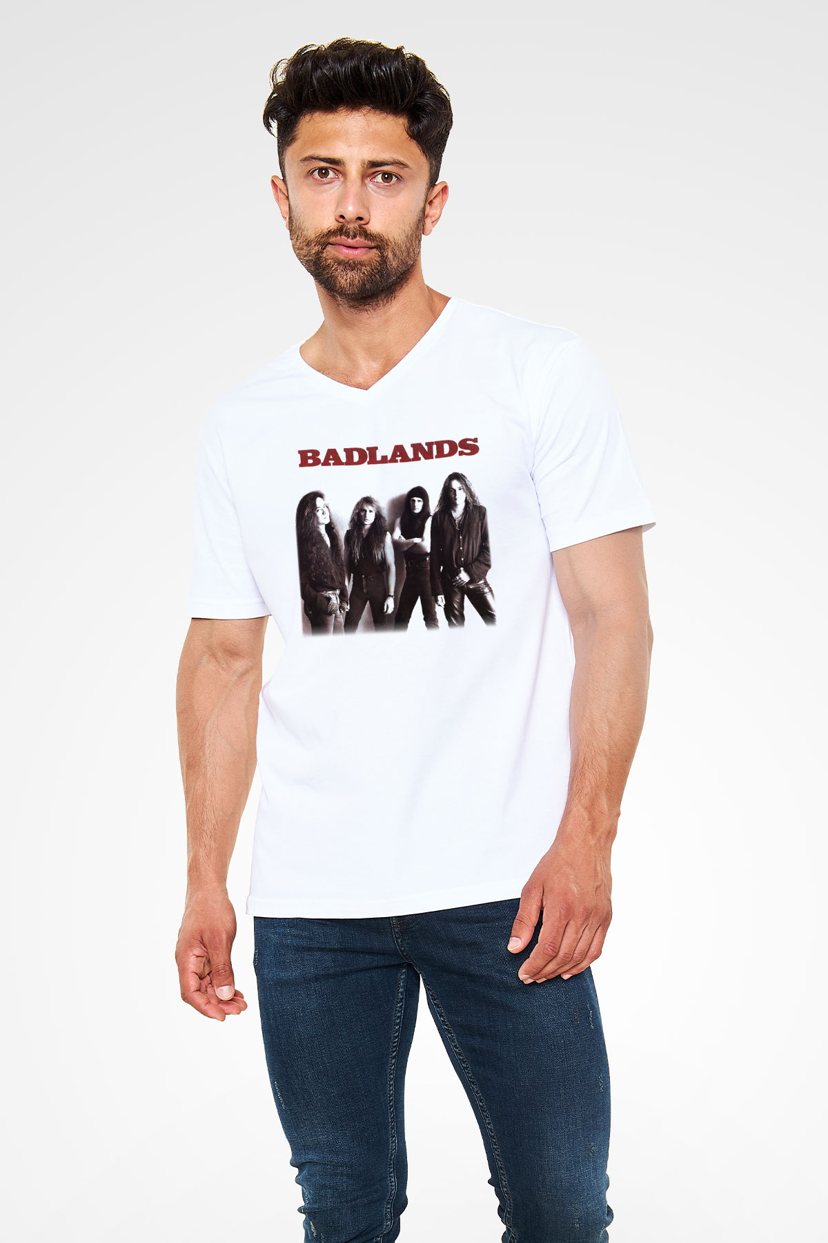 Badlands Beyaz Unisex V Yaka Tişört T-Shirt