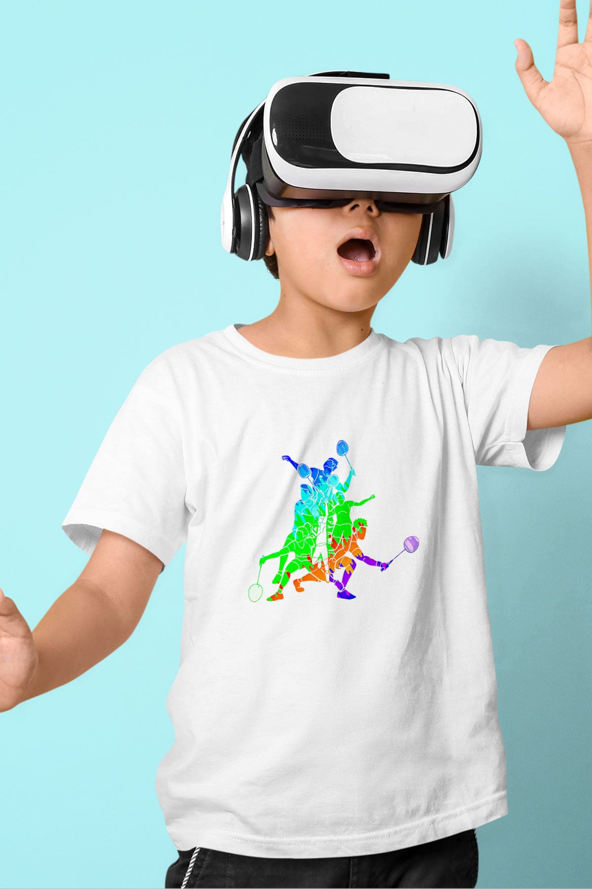 Badminton Baskılı Unisex Beyaz Çocuk Tişört - Tshirt