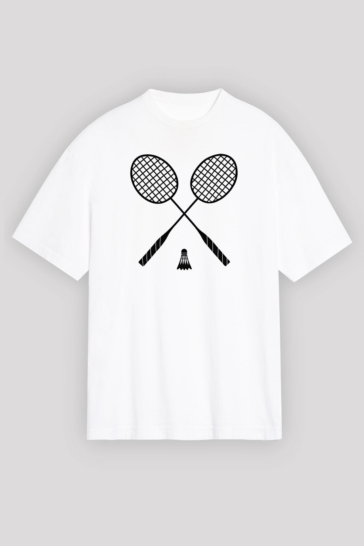 Badminton Baskılı Unisex Beyaz Oversize Tişört - Tshirt
