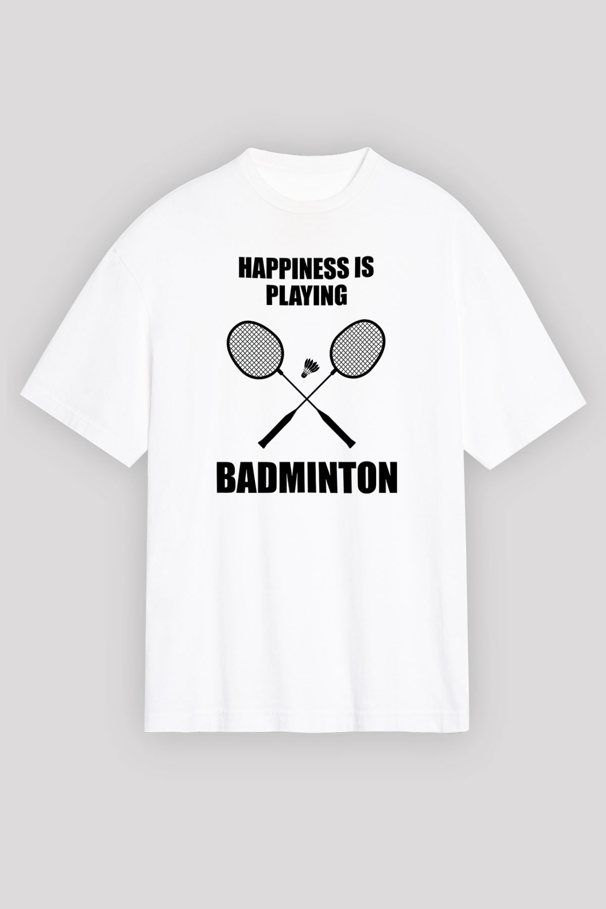 Badminton Baskılı Unisex Beyaz Oversize Tişört - Tshirt