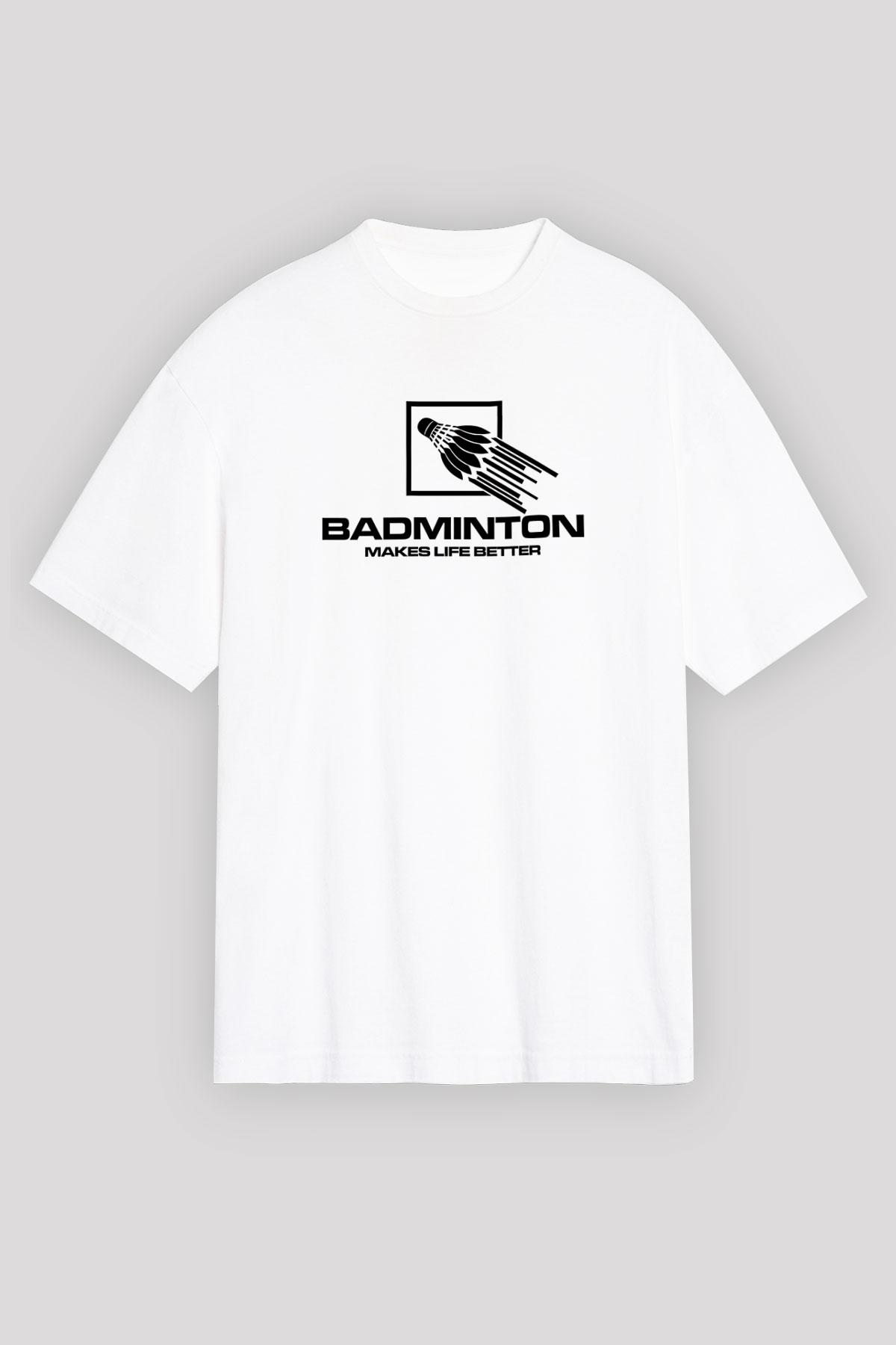 Badminton Baskılı Unisex Beyaz Oversize Tişört - Tshirt