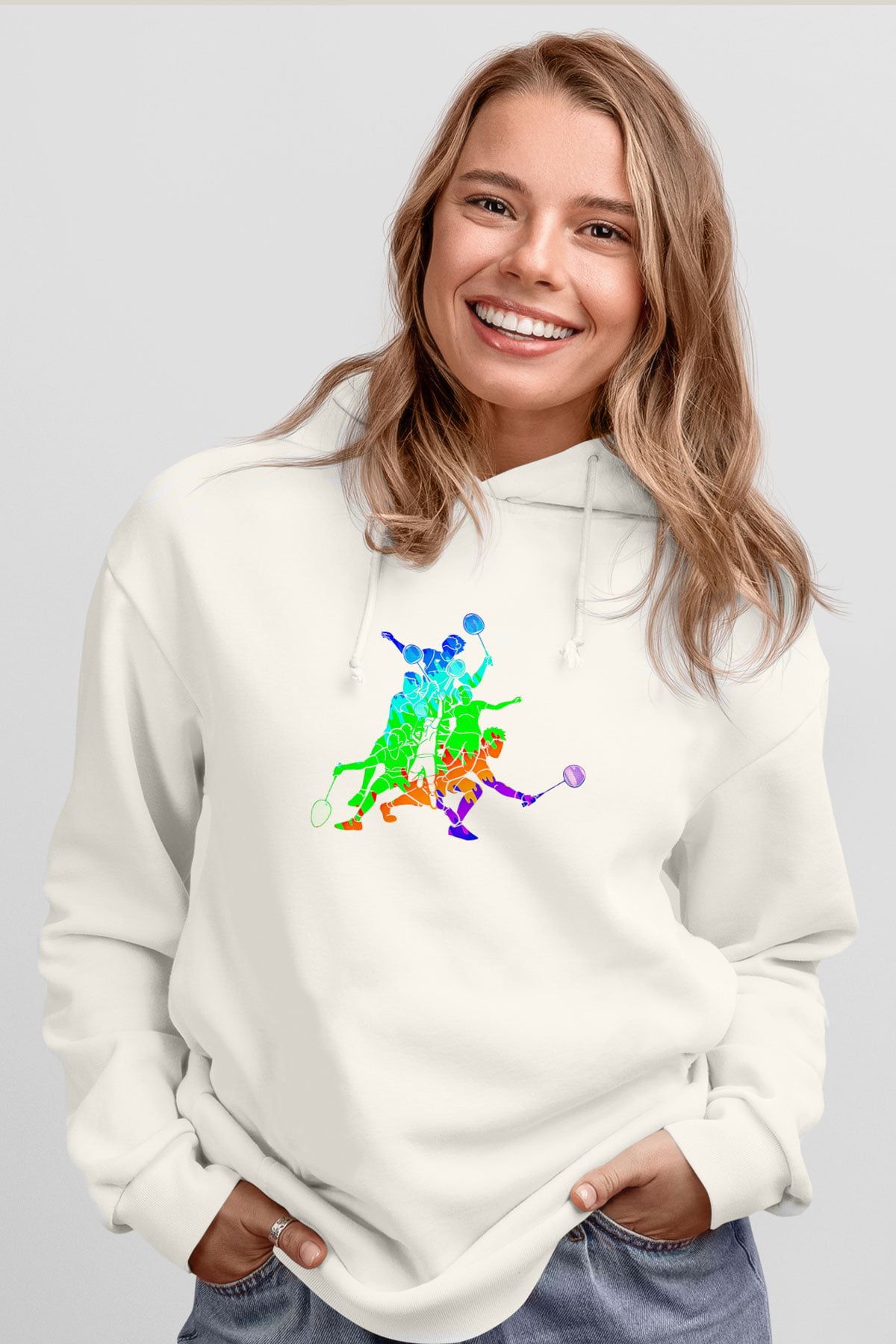 Badminton Baskılı Unisex Ekru Hoodie